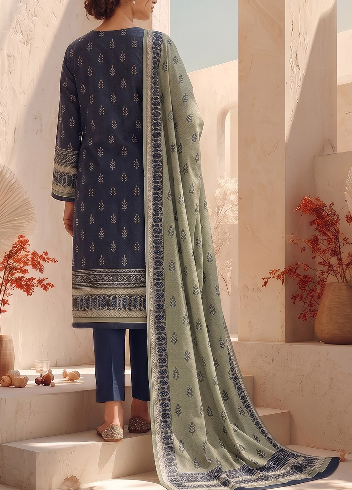 Malhar By VS Textile Printed Karandi 3 Piece Unstitched Suit VS26MV2 D-KW-141 Green Blue - Back View Malhar By VS Textile Printed Karandi 3 Piece Unstitched Suit VS26MV2 D-KW-141 Green Blue - Back View