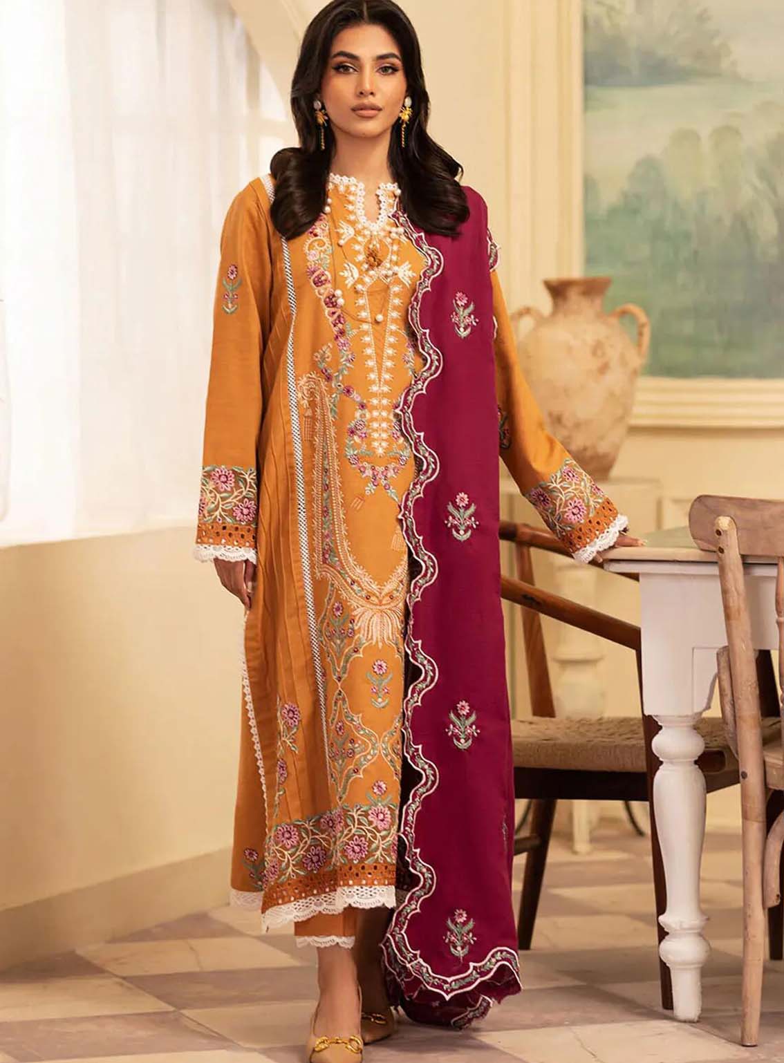 Meraki By Roheenaz Embroidered Khaddar Suits Unstitched 3 Piece - RNZ24MK 08B SAFFRON Meraki By Roheenaz Embroidered Khaddar Suits Unstitched 3 Piece - RNZ24MK 08B SAFFRON