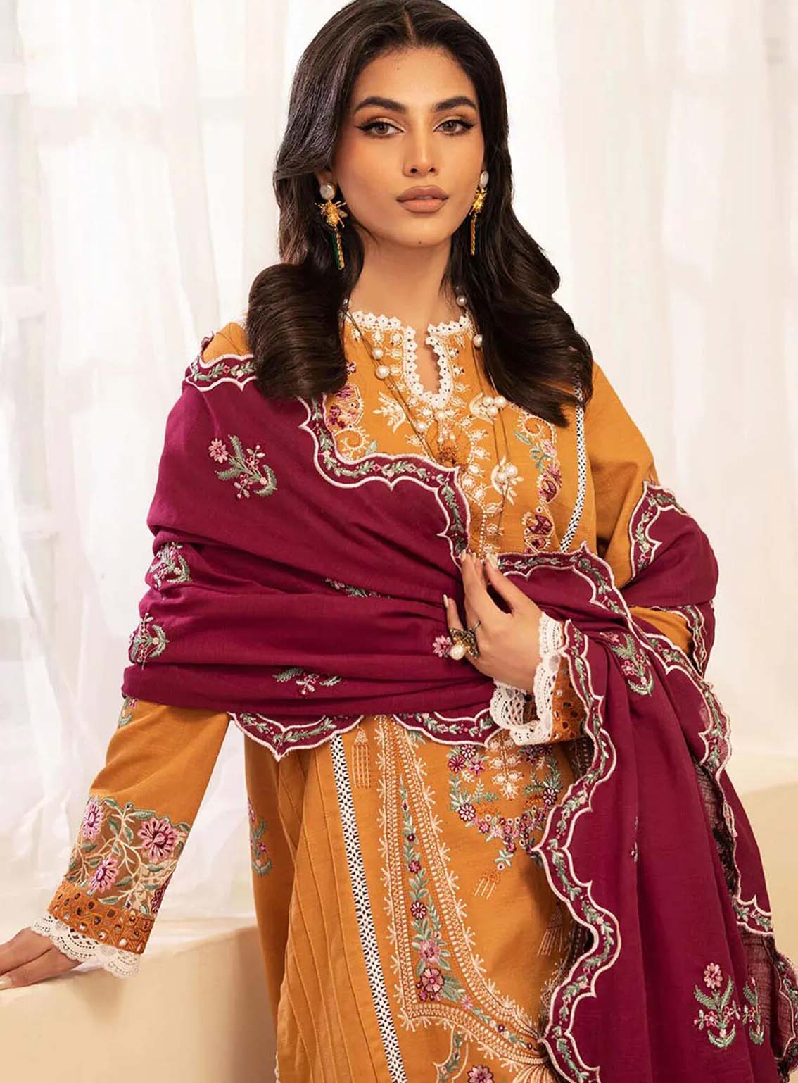Meraki By Roheenaz Embroidered Khaddar Suits Unstitched 3 Piece - RNZ24MK 08B SAFFRON Meraki By Roheenaz Embroidered Khaddar Suits Unstitched 3 Piece - RNZ24MK 08B SAFFRON