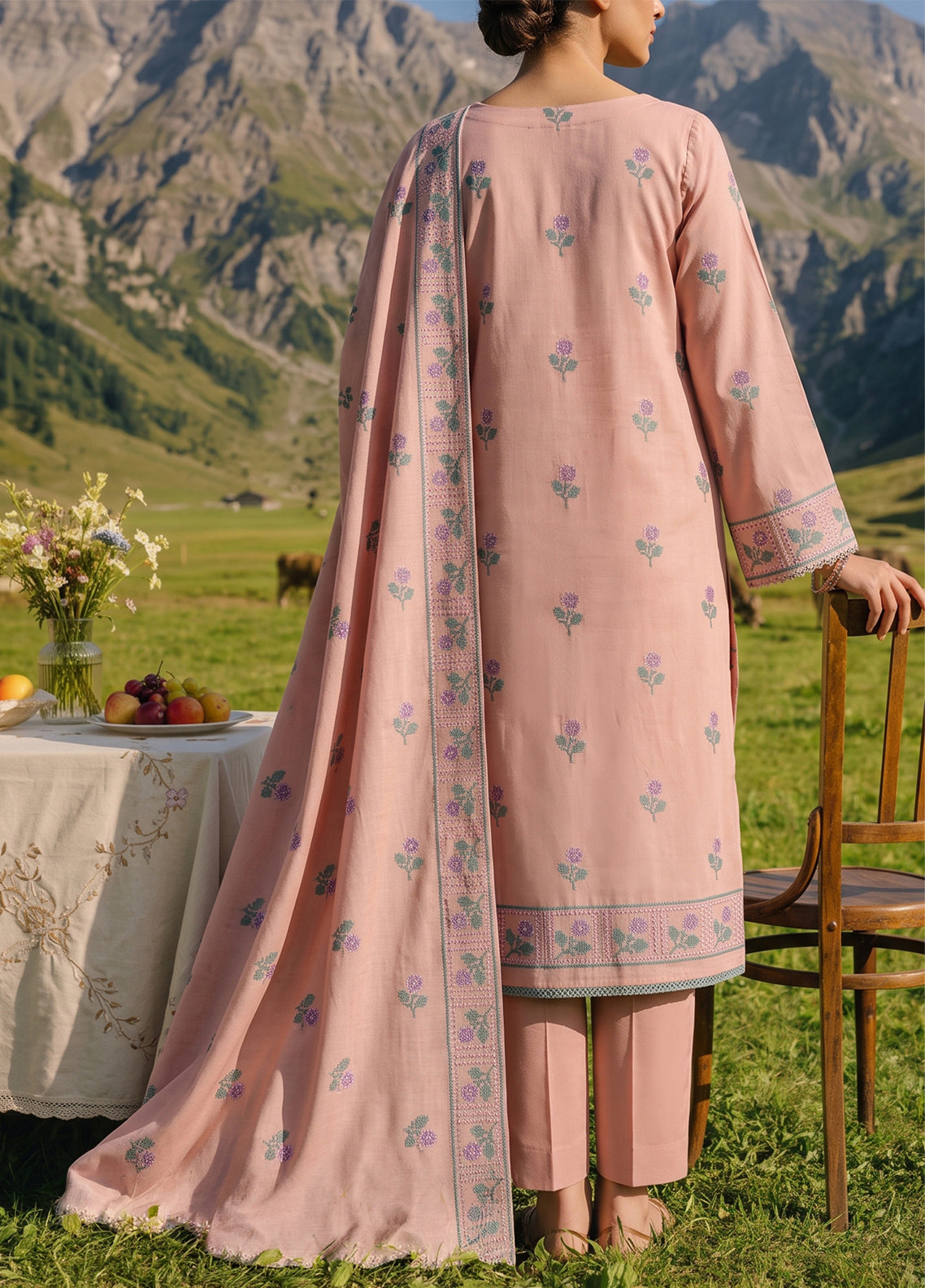 Miraas By VS Textile Embroidered Khaddar 3 Piece Unstitched Dress VS26MV1 D-EK-692 Peach - Back View Miraas By VS Textile Embroidered Khaddar 3 Piece Unstitched Dress VS26MV1 D-EK-692 Peach - Back View