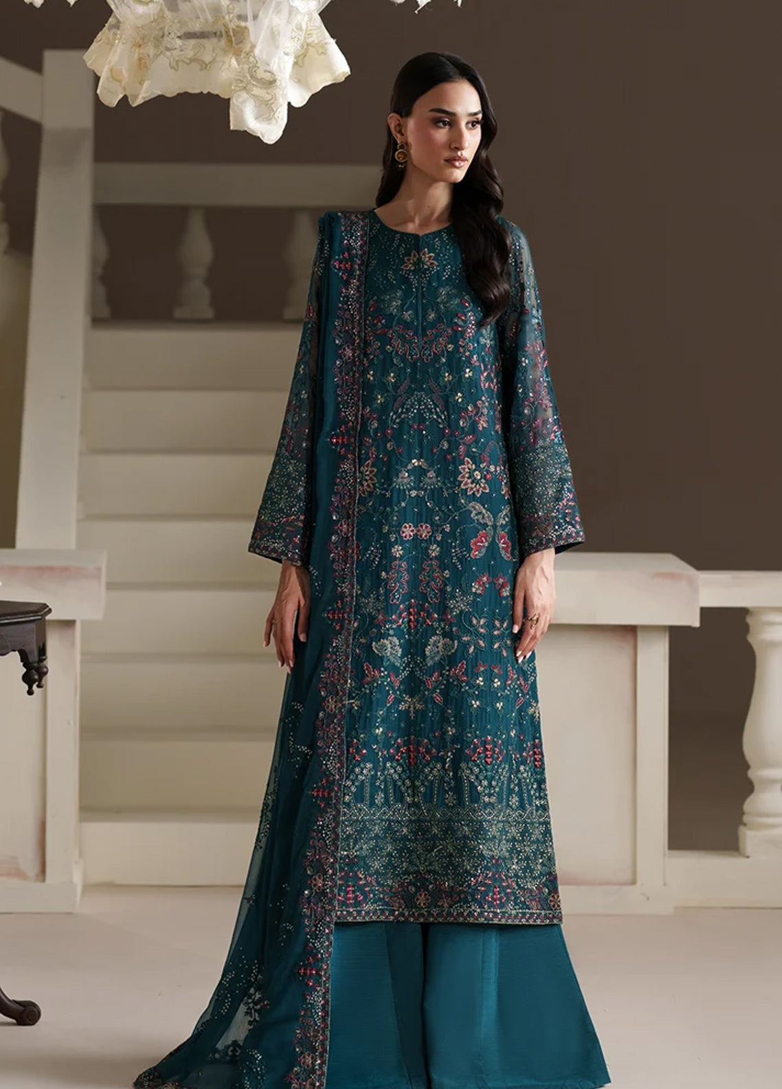Modern Heirloom By Emaan Adeel Embroidered Chiffon 3 Piece Unstitched Dress EA26MHC D-09 ANTIQUE CHARM Teal - Front View Modern Heirloom By Emaan Adeel Embroidered Chiffon 3 Piece Unstitched Dress EA26MHC D-09 ANTIQUE CHARM Teal - Front View