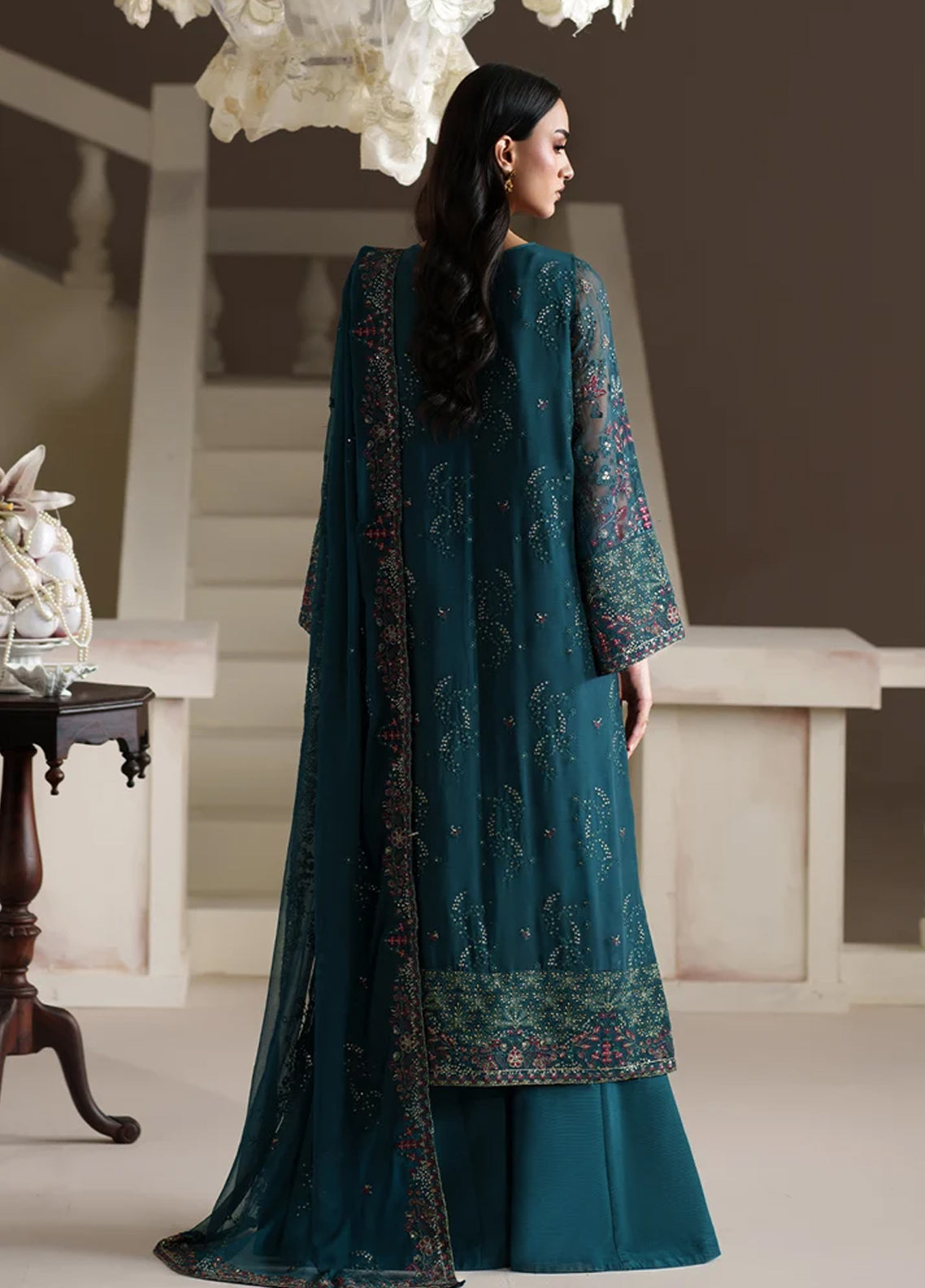 Modern Heirloom By Emaan Adeel Embroidered Chiffon 3 Piece Unstitched Dress EA26MHC D-09 ANTIQUE CHARM Teal - Back View Modern Heirloom By Emaan Adeel Embroidered Chiffon 3 Piece Unstitched Dress EA26MHC D-09 ANTIQUE CHARM Teal - Back View