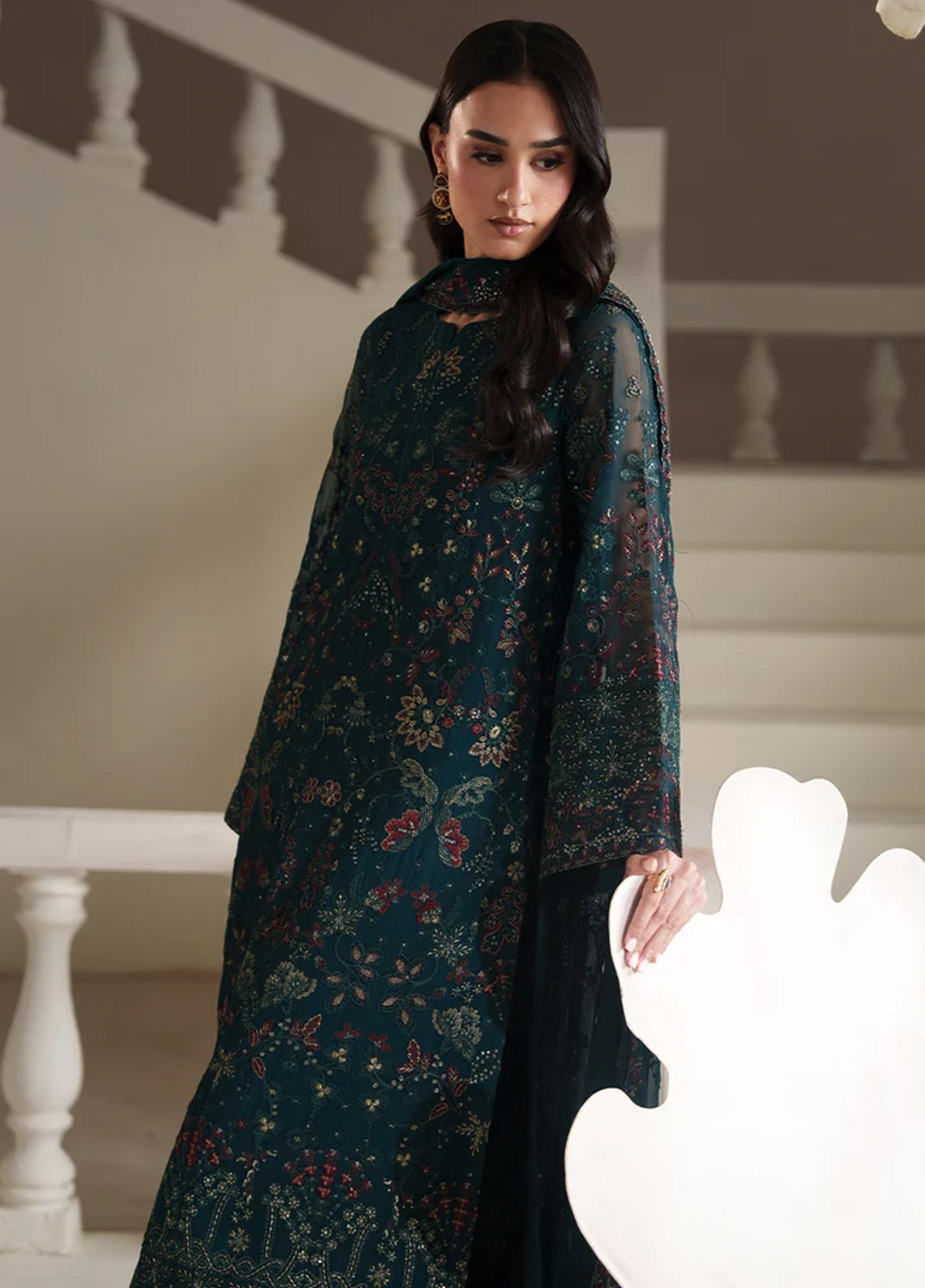 Modern Heirloom By Emaan Adeel Embroidered Chiffon 3 Piece Unstitched Dress EA26MHC D-09 ANTIQUE CHARM Teal - Detail Modern Heirloom By Emaan Adeel Embroidered Chiffon 3 Piece Unstitched Dress EA26MHC D-09 ANTIQUE CHARM Teal - Detail