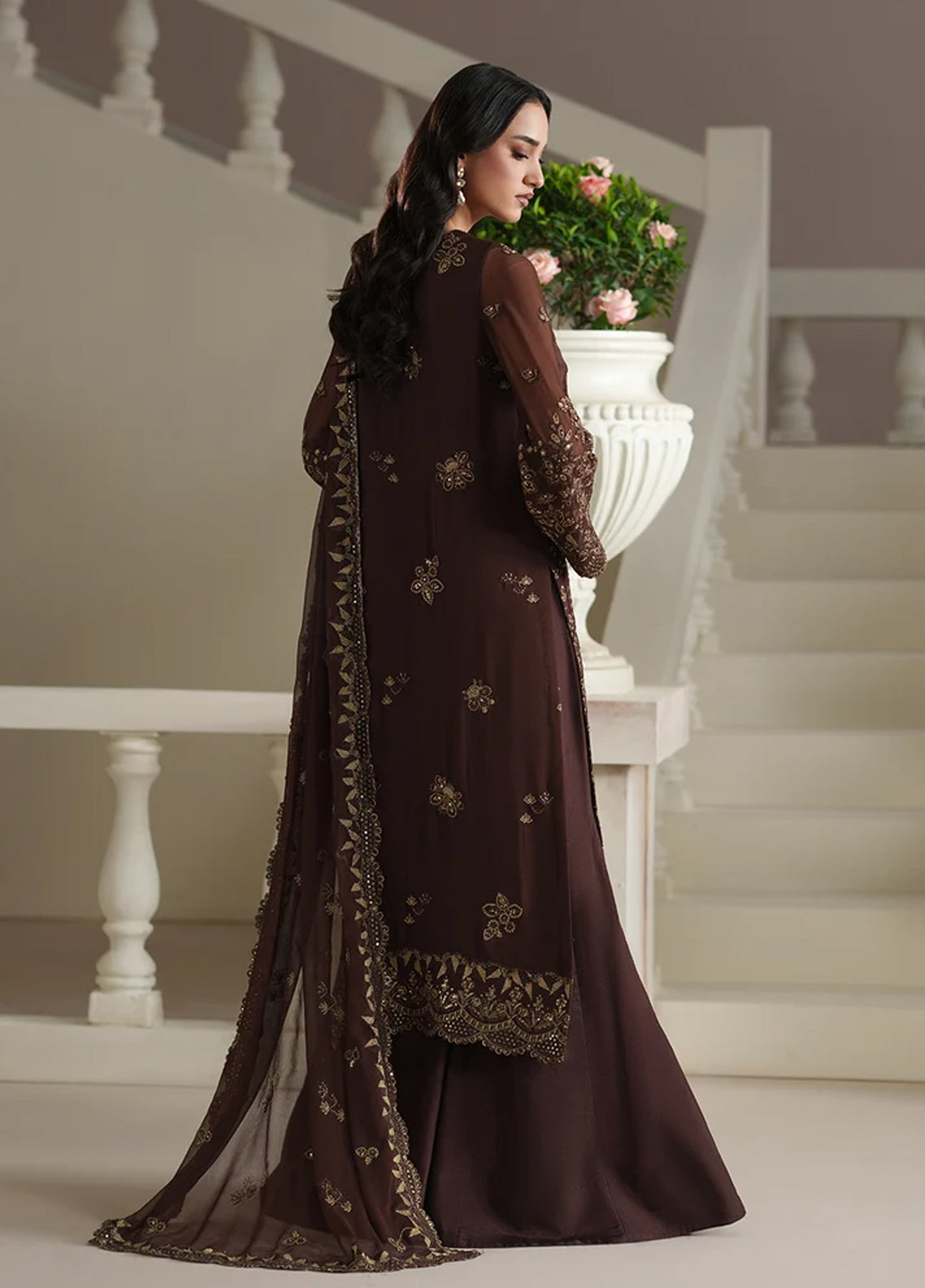 Modern Heirloom By Emaan Adeel Embroidered Chiffon 3 Piece Unstitched Suit EA26MHC D-02 ADELIA Brown - Back View Modern Heirloom By Emaan Adeel Embroidered Chiffon 3 Piece Unstitched Suit EA26MHC D-02 ADELIA Brown - Back View