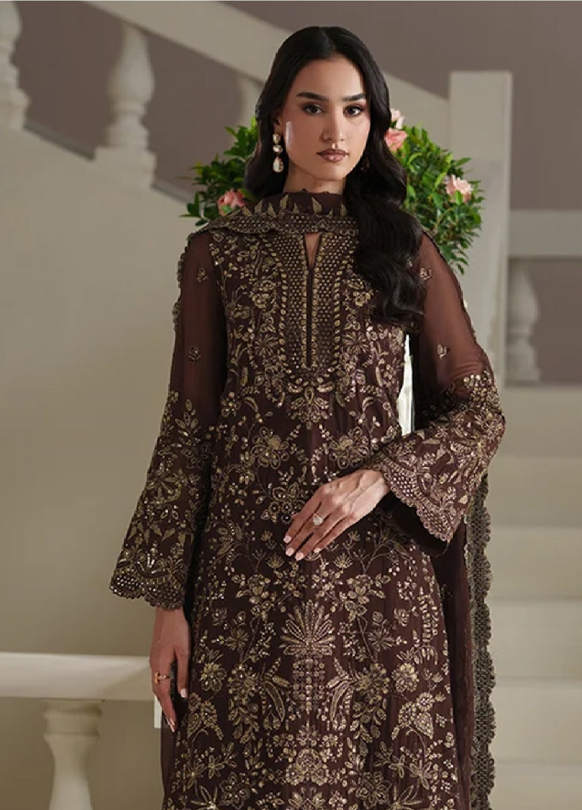 Modern Heirloom By Emaan Adeel Embroidered Chiffon 3 Piece Unstitched Suit EA26MHC D-02 ADELIA Brown - Detail Modern Heirloom By Emaan Adeel Embroidered Chiffon 3 Piece Unstitched Suit EA26MHC D-02 ADELIA Brown - Detail