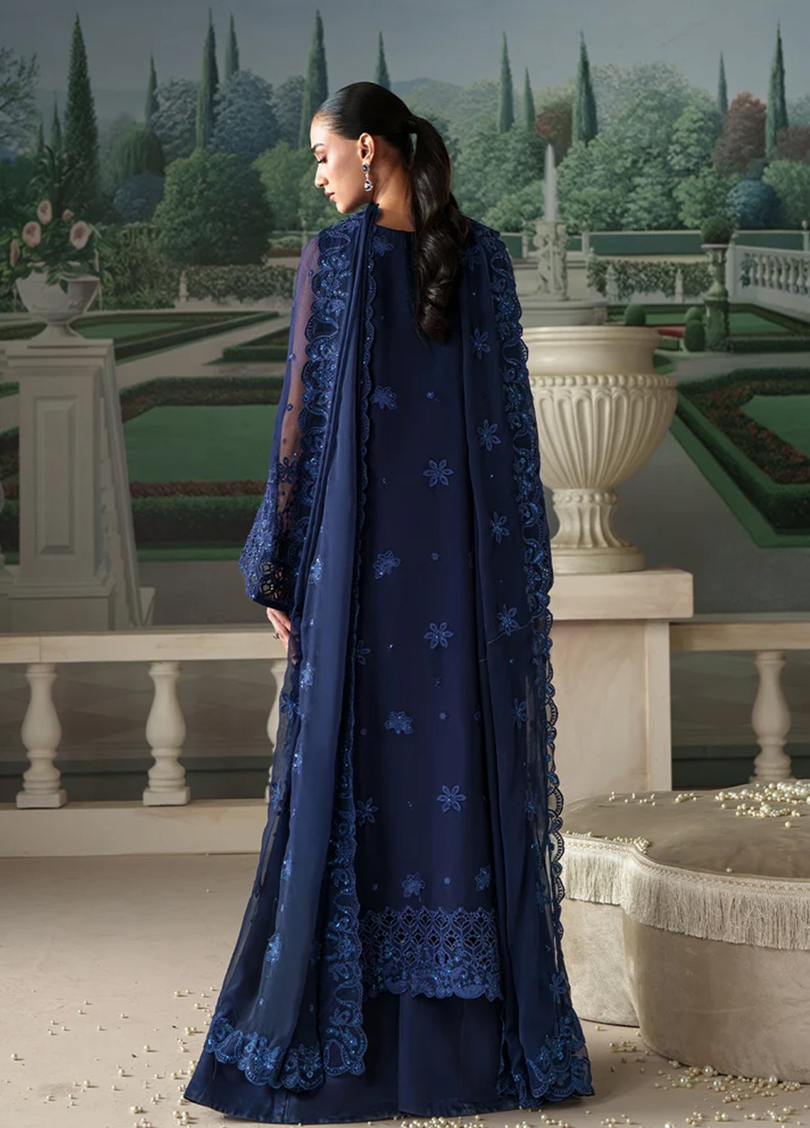 Modern Heirloom By Emaan Adeel Embroidered Chiffon 3 Piece Unstitched Suit EA26MHC D-03 CORALIA Navy Blue - Back View Modern Heirloom By Emaan Adeel Embroidered Chiffon 3 Piece Unstitched Suit EA26MHC D-03 CORALIA Navy Blue - Back View