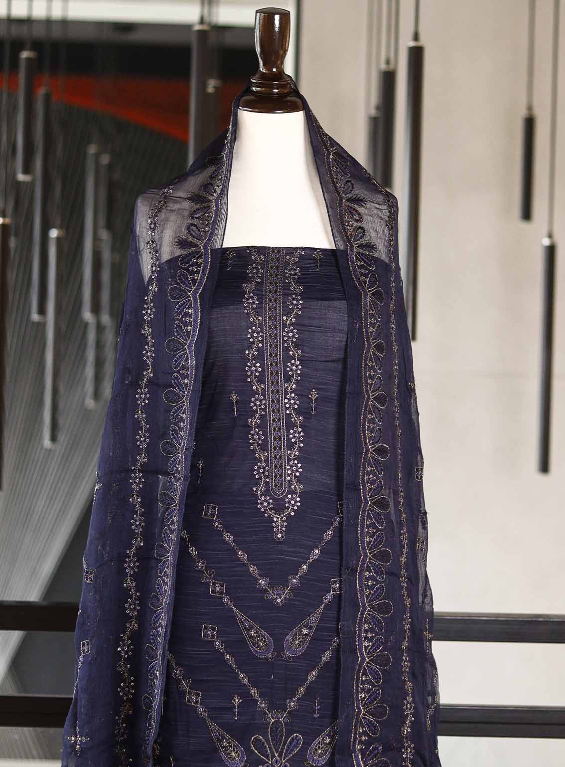 Oud By Royal Fashion Premium Embroidered Lawn Banarsi 3 Piece Unstitched Suit - RF25ZZOV51 OUD52 NAVY BLUE Oud By Royal Fashion Premium Embroidered Lawn Banarsi 3 Piece Unstitched Suit - RF25ZZOV51 OUD52 NAVY BLUE