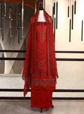 Oud By Royal Fashion Premium Embroidered Lawn Banarsi 3 Piece Unstitched Suit - RF25ZZOV51 OUD52 RED