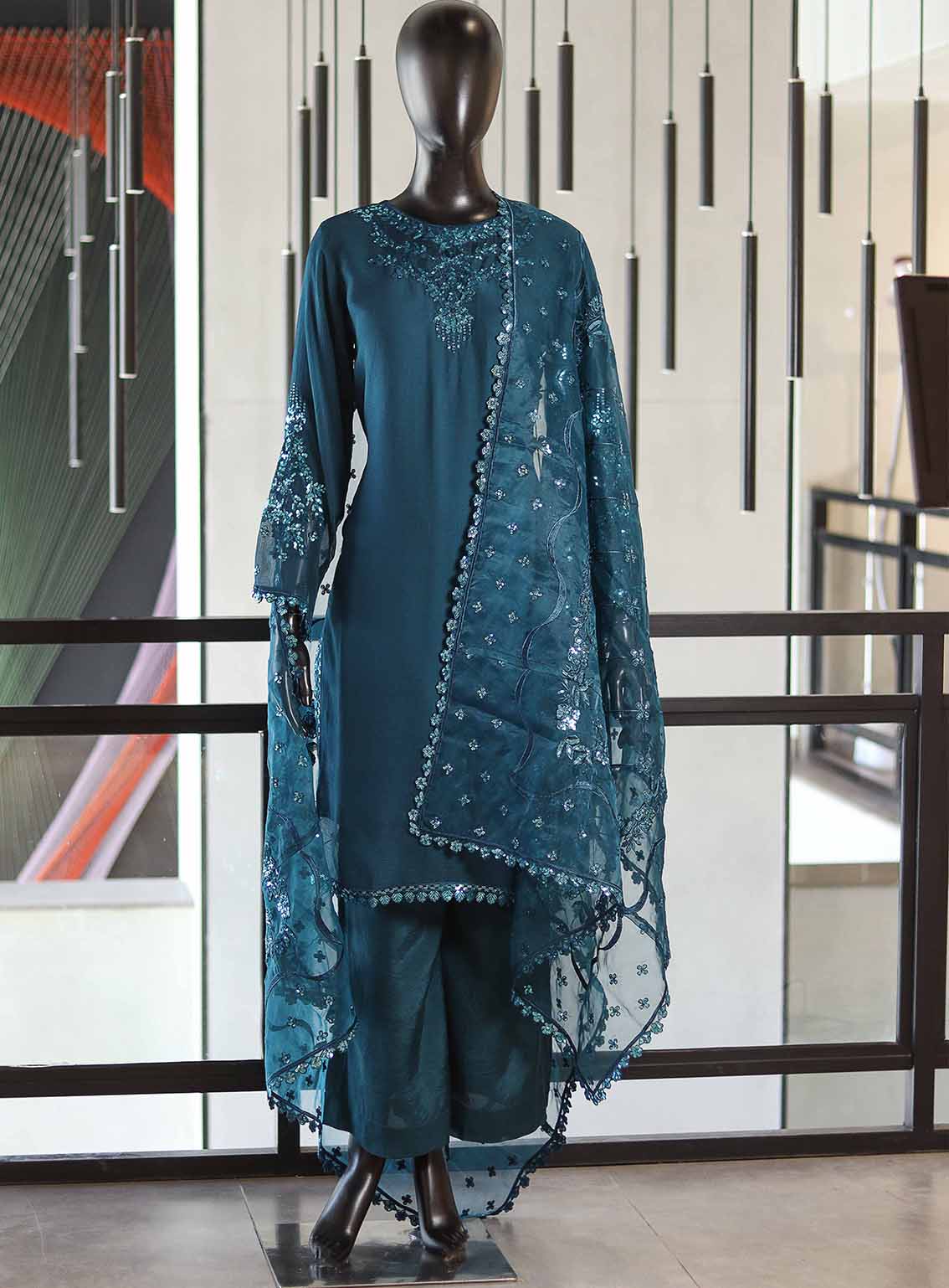 Paisley Khombi Embroidered Chiffon Suits Stitched 3 Piece - KB25FP 163 TEAL BLUE Paisley Khombi Embroidered Chiffon Suits Stitched 3 Piece - KB25FP 163 TEAL BLUE