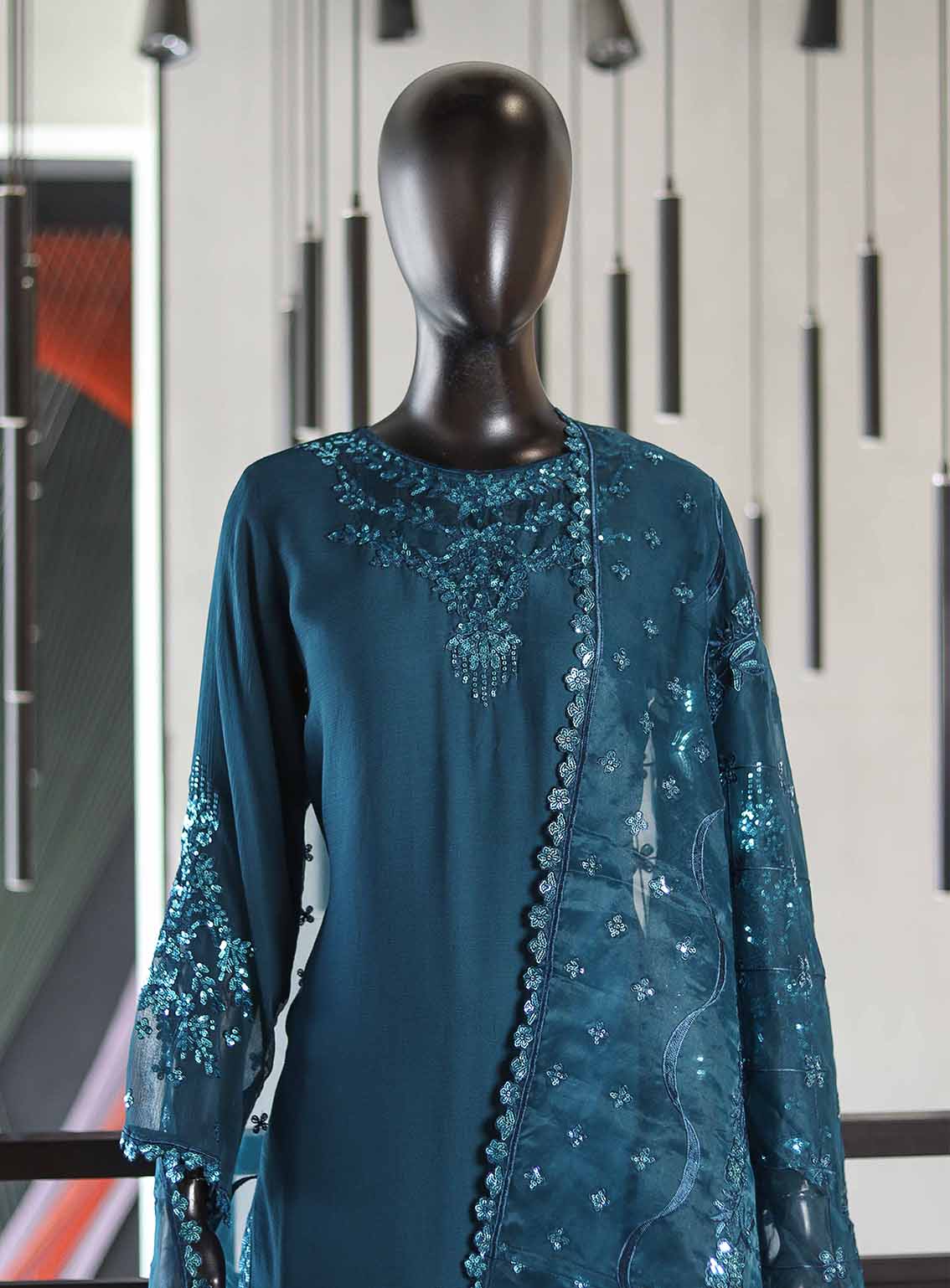 Paisley Khombi Embroidered Chiffon Suits Stitched 3 Piece - KB25FP 163 TEAL BLUE Paisley Khombi Embroidered Chiffon Suits Stitched 3 Piece - KB25FP 163 TEAL BLUE