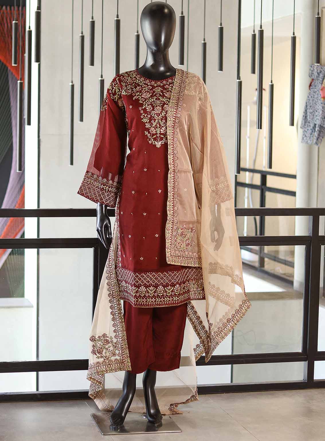 Paisley Khombi Embroidered Net Suits Stitched 3 Piece - KB25FP 170 MAROON Paisley Khombi Embroidered Net Suits Stitched 3 Piece - KB25FP 170 MAROON