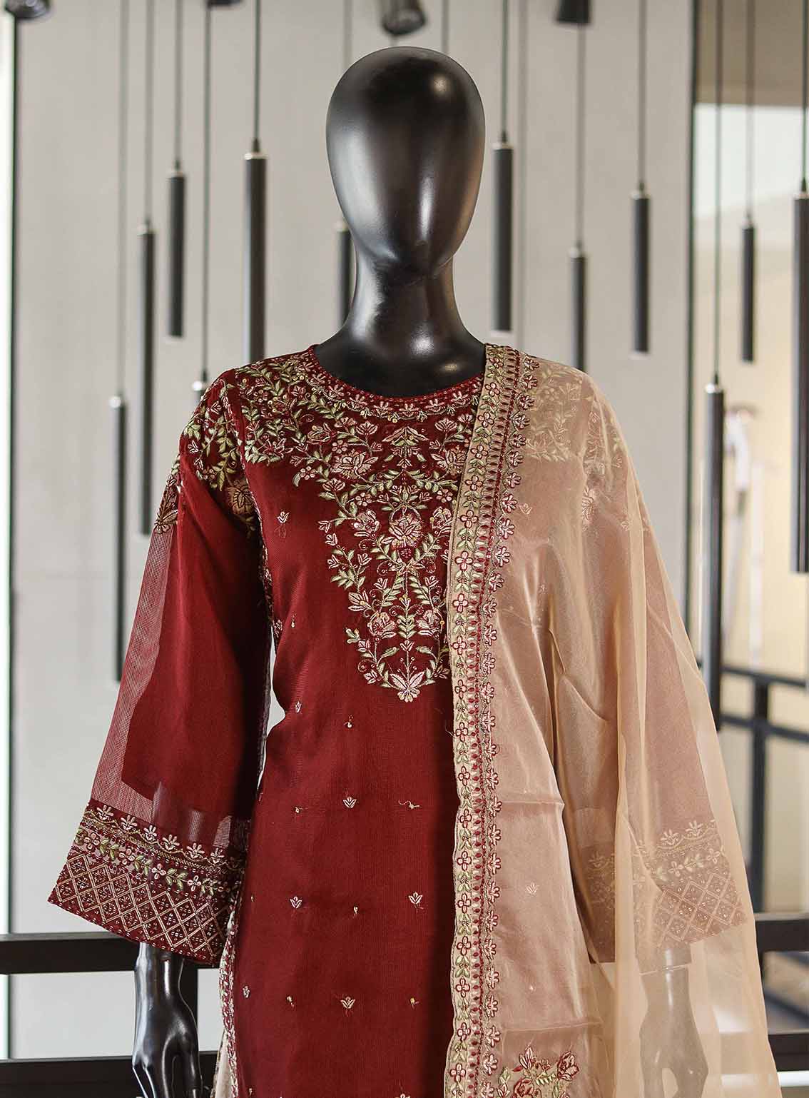 Paisley Khombi Embroidered Net Suits Stitched 3 Piece - KB25FP 170 MAROON Paisley Khombi Embroidered Net Suits Stitched 3 Piece - KB25FP 170 MAROON