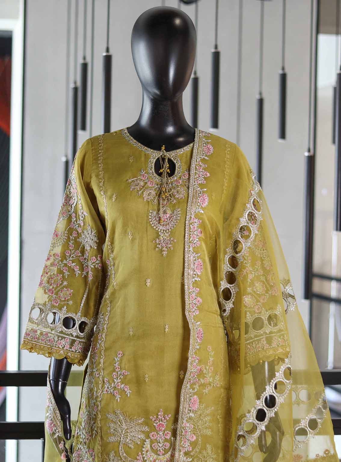 Paisley Khombi Embroidered Organza Suits Stitched 3 Piece - KB25FP 141 MUSTARD Paisley Khombi Embroidered Organza Suits Stitched 3 Piece - KB25FP 141 MUSTARD