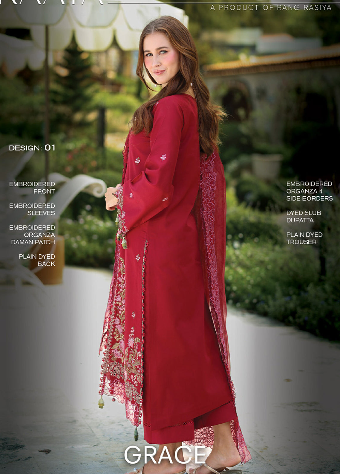 Raaya Luxury Embroidered Lawn 3 Piece Unstitched Suit RYA26LEL D-01 GRACE Raaya Luxury Embroidered Lawn 3 Piece Unstitched Suit RYA26LEL D-01 GRACE