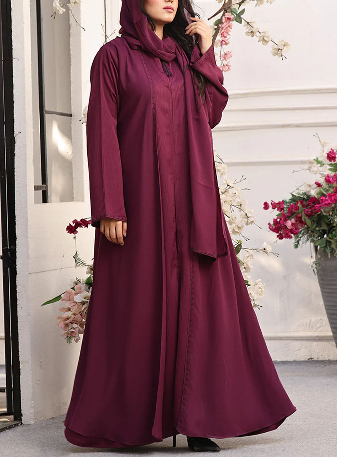 Rania By Hijab Ul Hareem Chiffon Front Open Style Abaya Rouge - HH24R 0122-RC-713 Rania By Hijab Ul Hareem Chiffon Front Open Style Abaya Rouge - HH24R 0122-RC-713