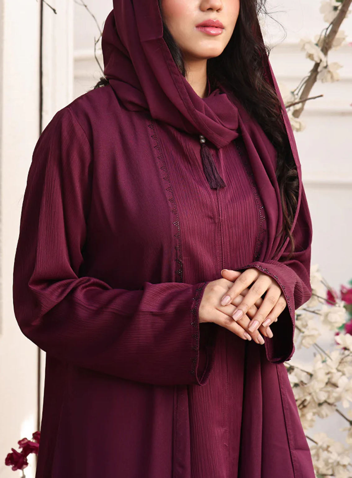 Rania By Hijab Ul Hareem Chiffon Front Open Style Abaya Rouge - HH24R 0122-RC-713 Rania By Hijab Ul Hareem Chiffon Front Open Style Abaya Rouge - HH24R 0122-RC-713