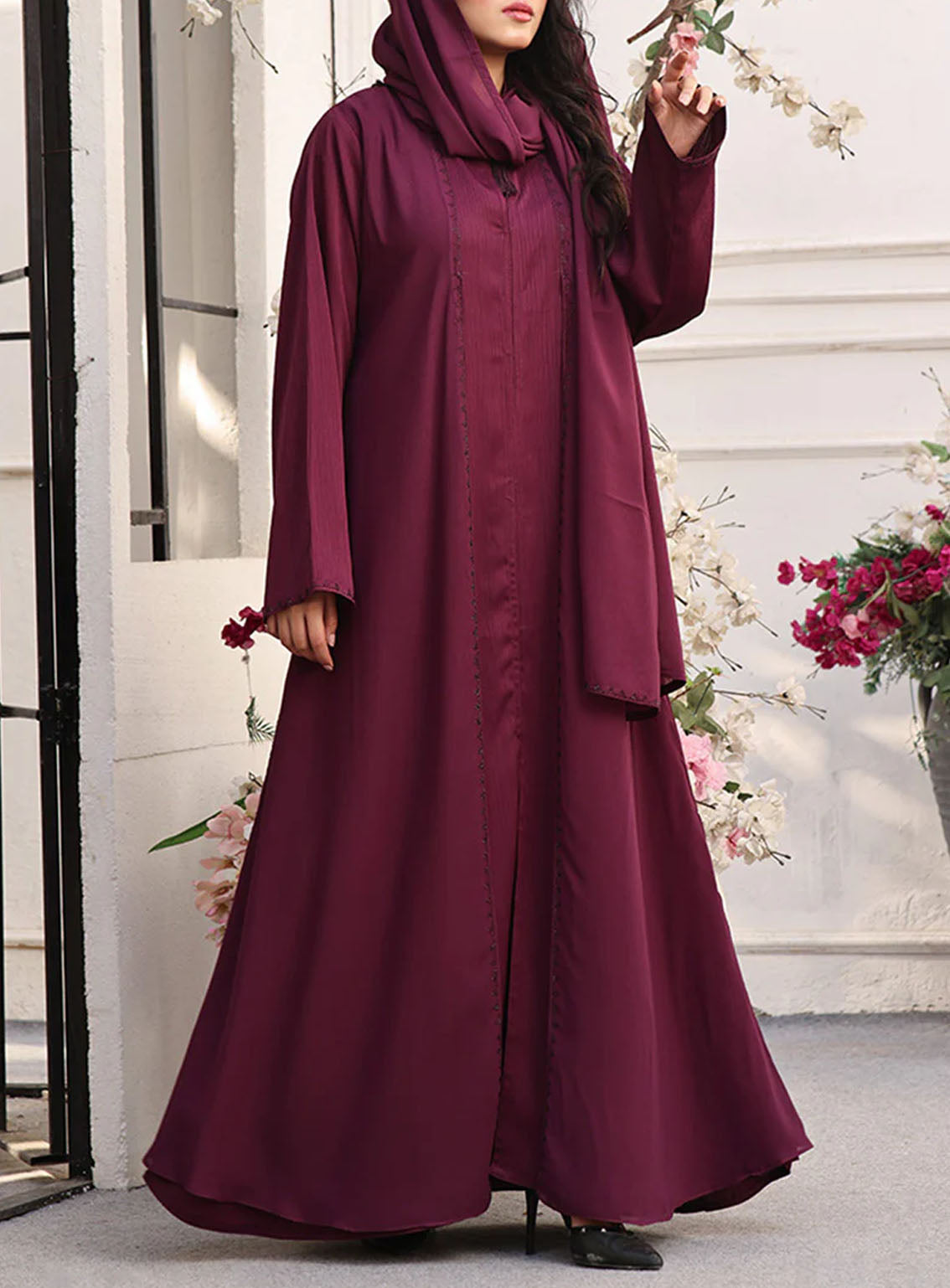 Rania By Hijab Ul Hareem Chiffon Front Open Style Abaya Rouge - HH24R 0122-RC-713 Rania By Hijab Ul Hareem Chiffon Front Open Style Abaya Rouge - HH24R 0122-RC-713