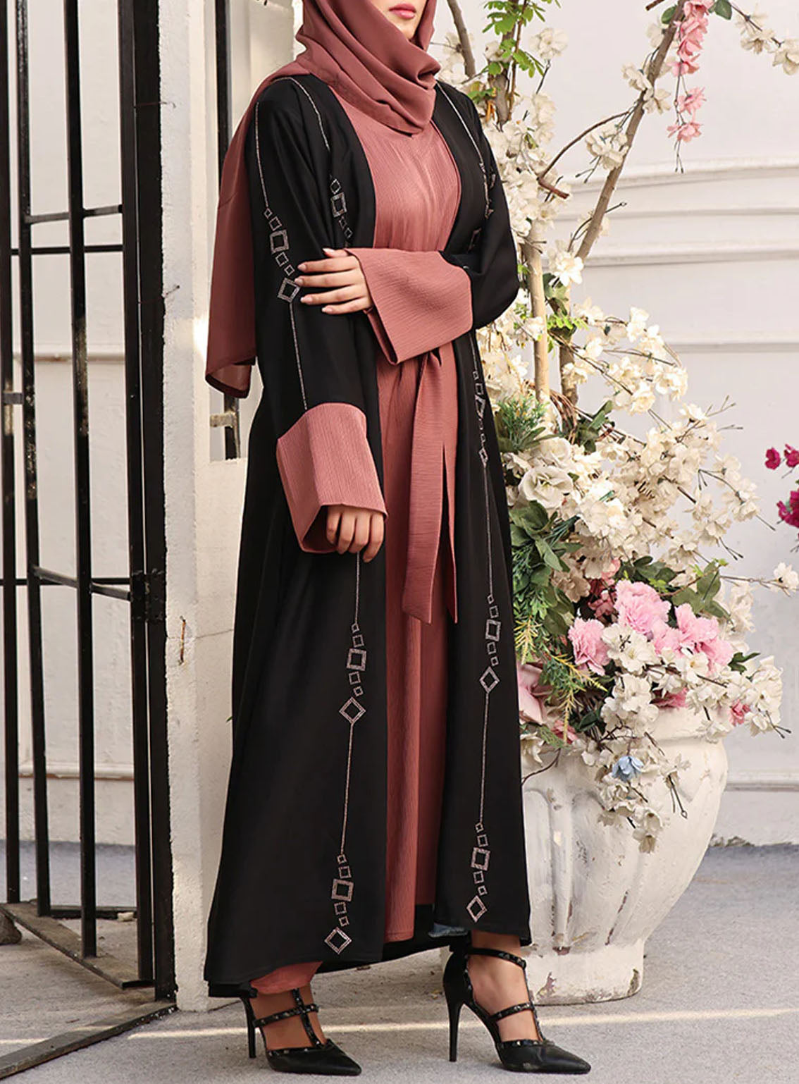 Rania By Hijab Ul Hareem Double Breast Stone Work Abaya Midnight Rose - HH24R 0122-RC-739 Rania By Hijab Ul Hareem Double Breast Stone Work Abaya Midnight Rose - HH24R 0122-RC-739