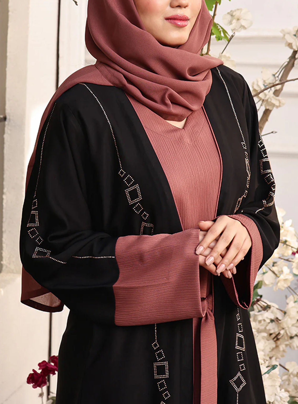 Rania By Hijab Ul Hareem Double Breast Stone Work Abaya Midnight Rose - HH24R 0122-RC-739 Rania By Hijab Ul Hareem Double Breast Stone Work Abaya Midnight Rose - HH24R 0122-RC-739