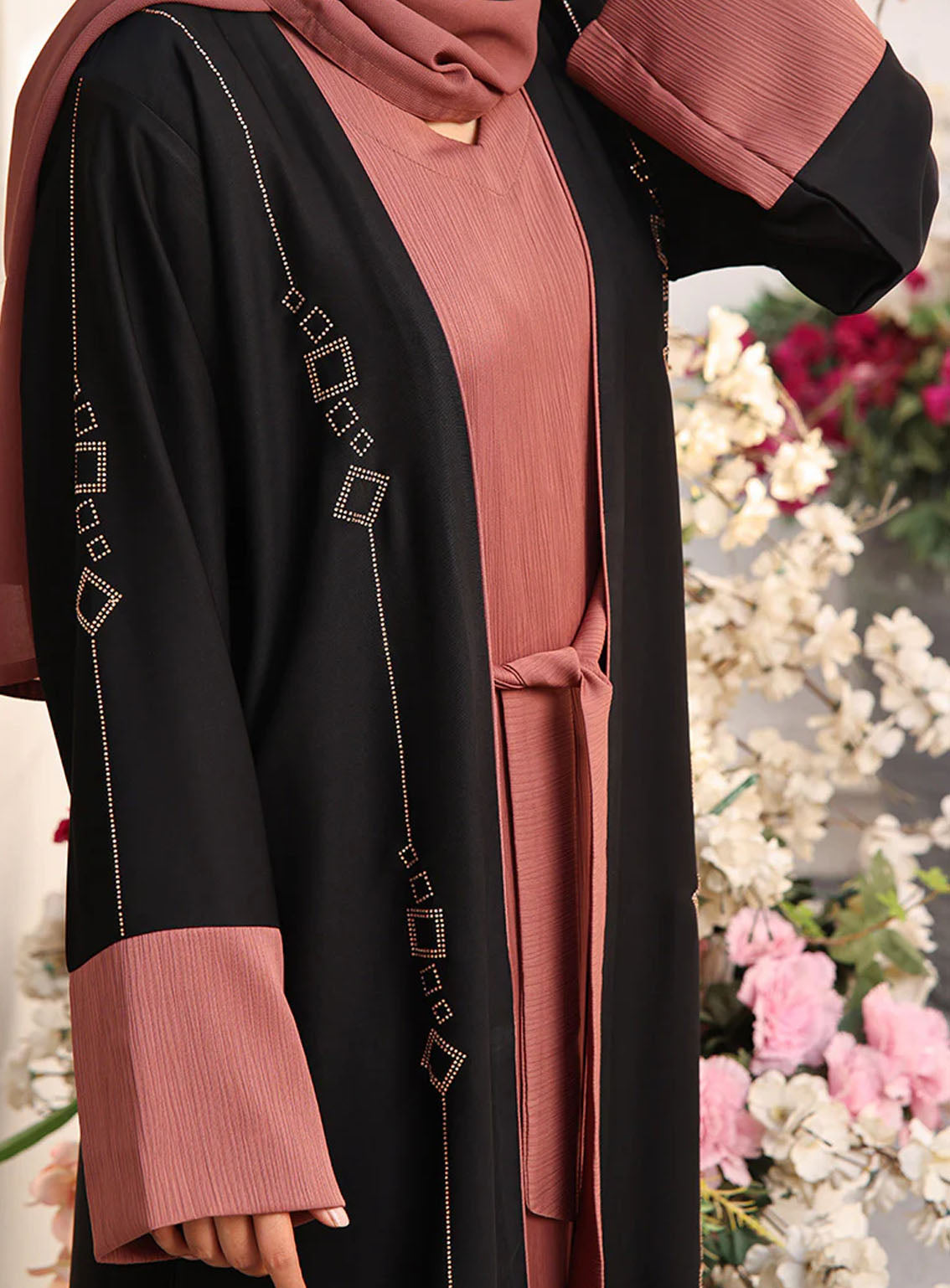 Rania By Hijab Ul Hareem Double Breast Stone Work Abaya Midnight Rose - HH24R 0122-RC-739 Rania By Hijab Ul Hareem Double Breast Stone Work Abaya Midnight Rose - HH24R 0122-RC-739