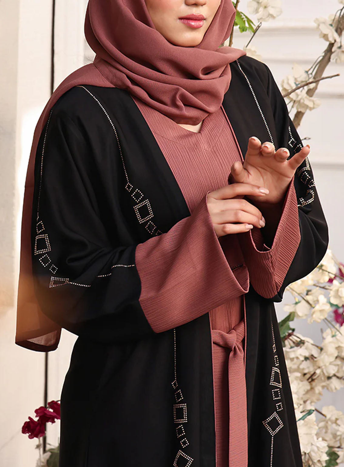 Rania By Hijab Ul Hareem Double Breast Stone Work Abaya Midnight Rose - HH24R 0122-RC-739 Rania By Hijab Ul Hareem Double Breast Stone Work Abaya Midnight Rose - HH24R 0122-RC-739