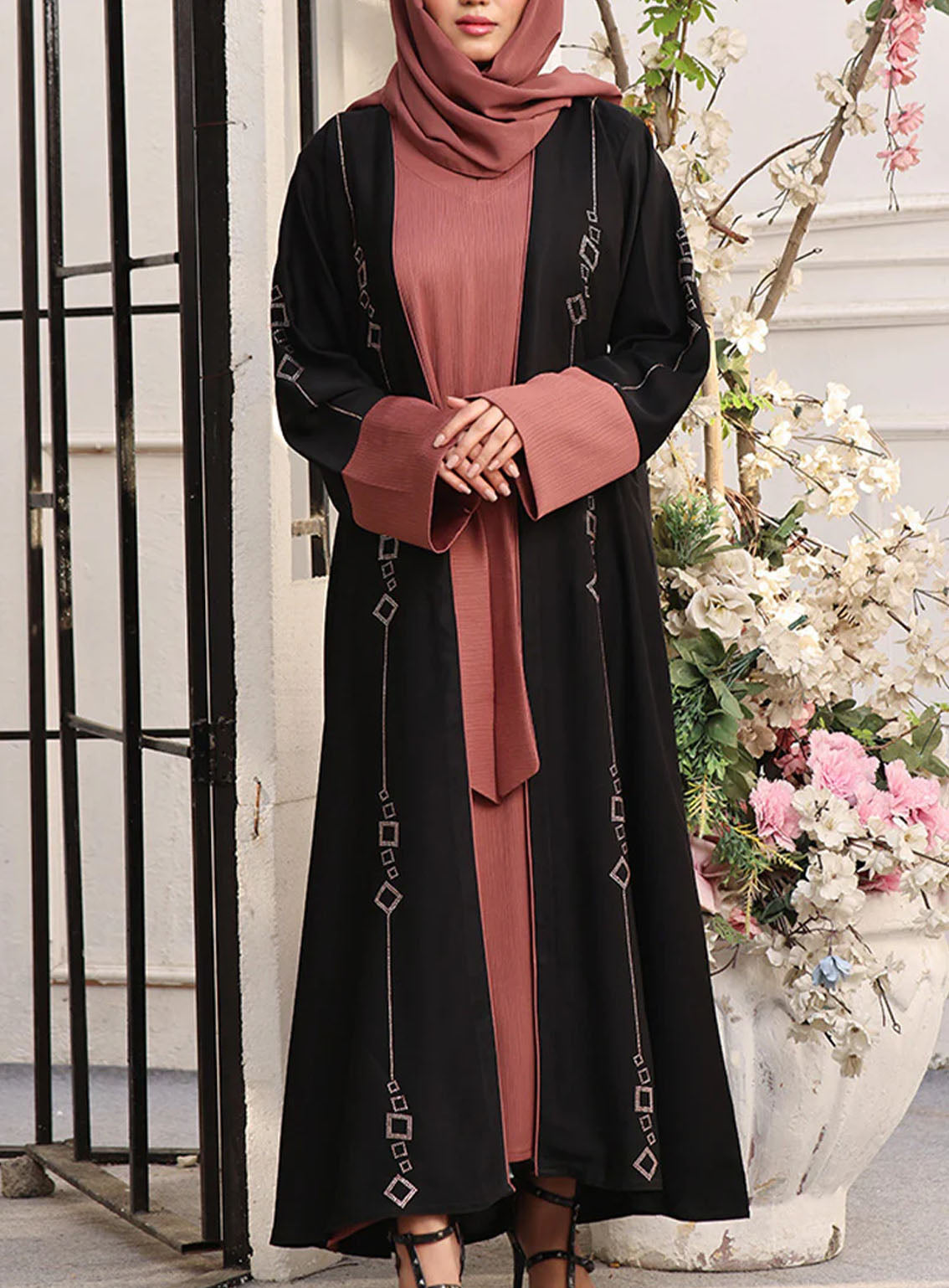 Rania By Hijab Ul Hareem Double Breast Stone Work Abaya Midnight Rose - HH24R 0122-RC-739 Rania By Hijab Ul Hareem Double Breast Stone Work Abaya Midnight Rose - HH24R 0122-RC-739