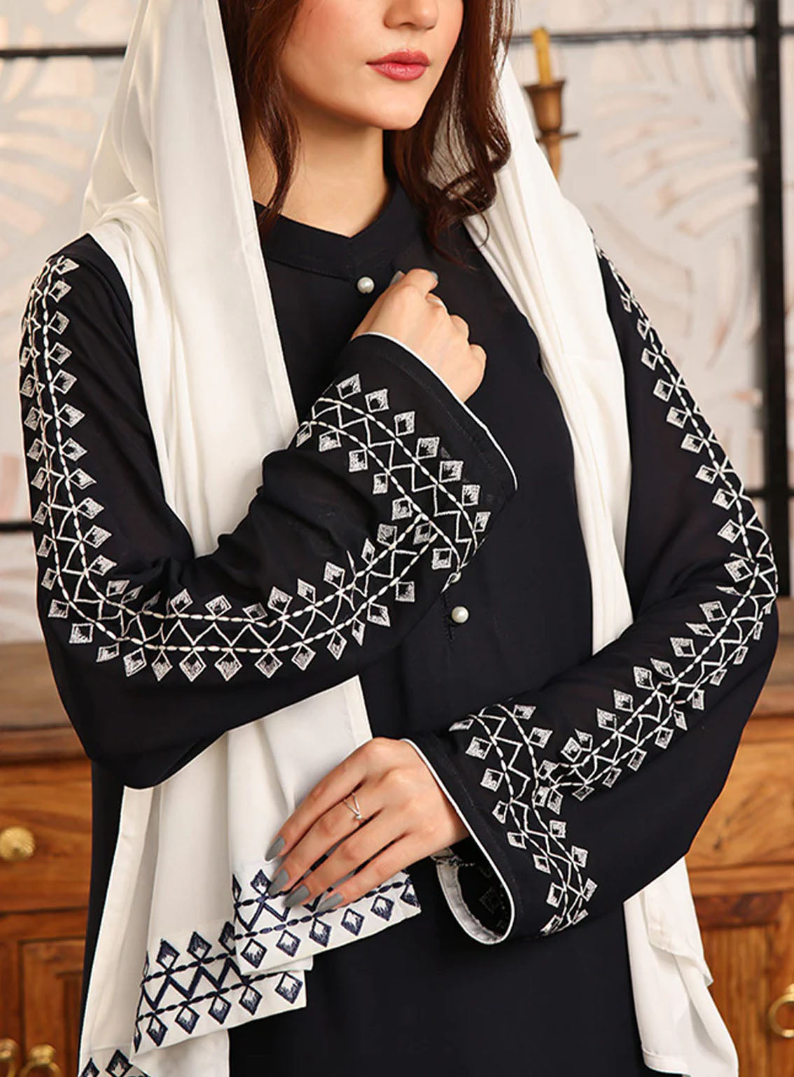 Rania By Hijab Ul Hareem Double Georgette Embroidered Abaya Noir Blue - HH24R 0119-K-754 Rania By Hijab Ul Hareem Double Georgette Embroidered Abaya Noir Blue - HH24R 0119-K-754