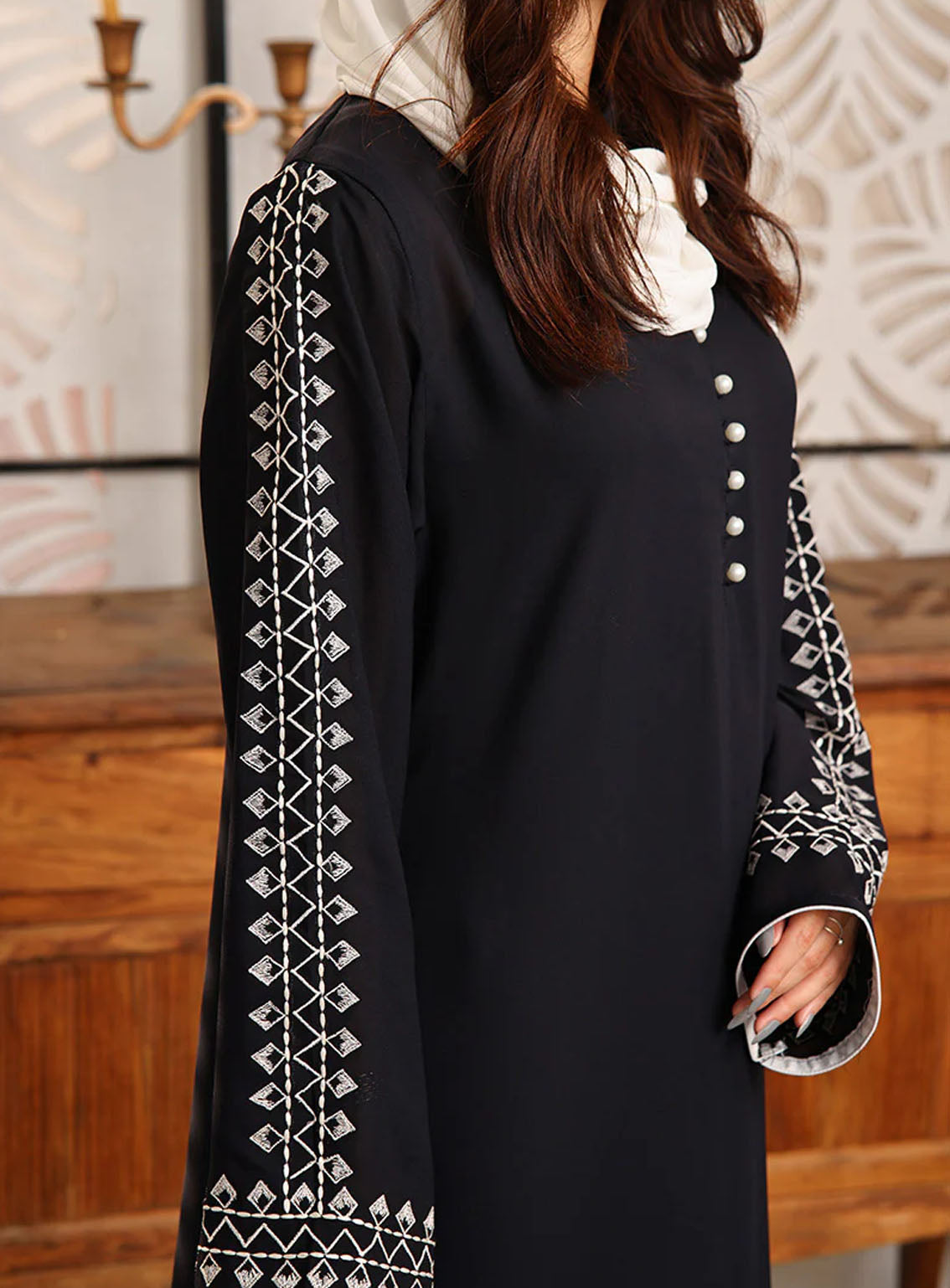 Rania By Hijab Ul Hareem Double Georgette Embroidered Abaya Noir Blue - HH24R 0119-K-754 Rania By Hijab Ul Hareem Double Georgette Embroidered Abaya Noir Blue - HH24R 0119-K-754