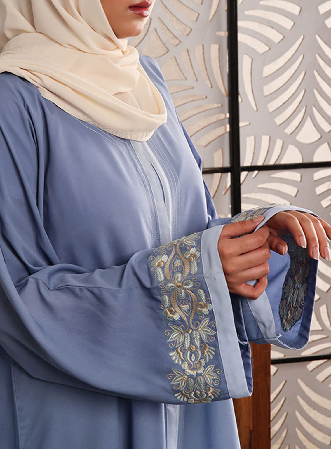 Rania By Hijab Ul Hareem Double Georgette Front Open Style Abaya Azure - HH24R 0121-KR-755 Rania By Hijab Ul Hareem Double Georgette Front Open Style Abaya Azure - HH24R 0121-KR-755