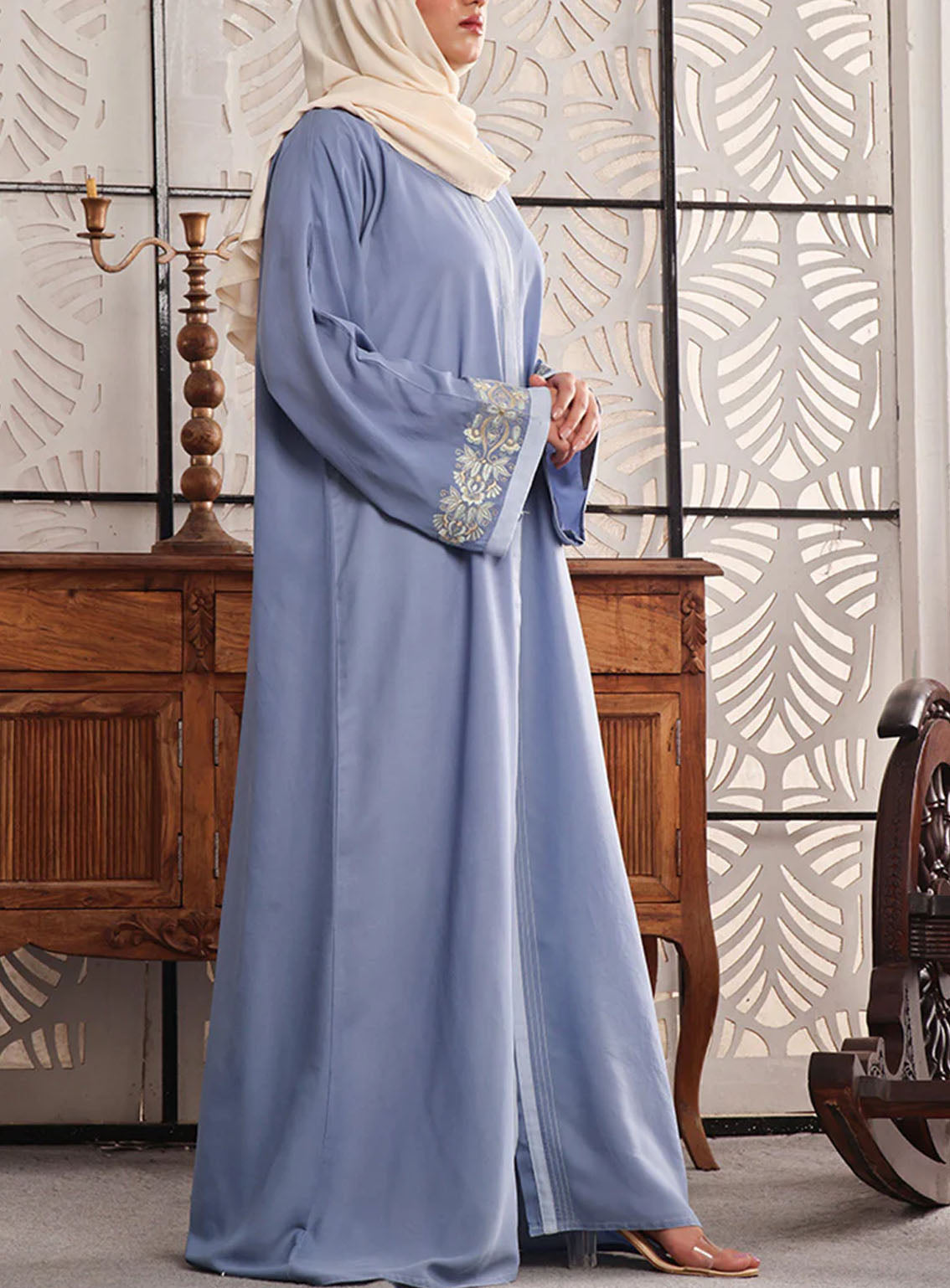 Rania By Hijab Ul Hareem Double Georgette Front Open Style Abaya Azure - HH24R 0121-KR-755 Rania By Hijab Ul Hareem Double Georgette Front Open Style Abaya Azure - HH24R 0121-KR-755