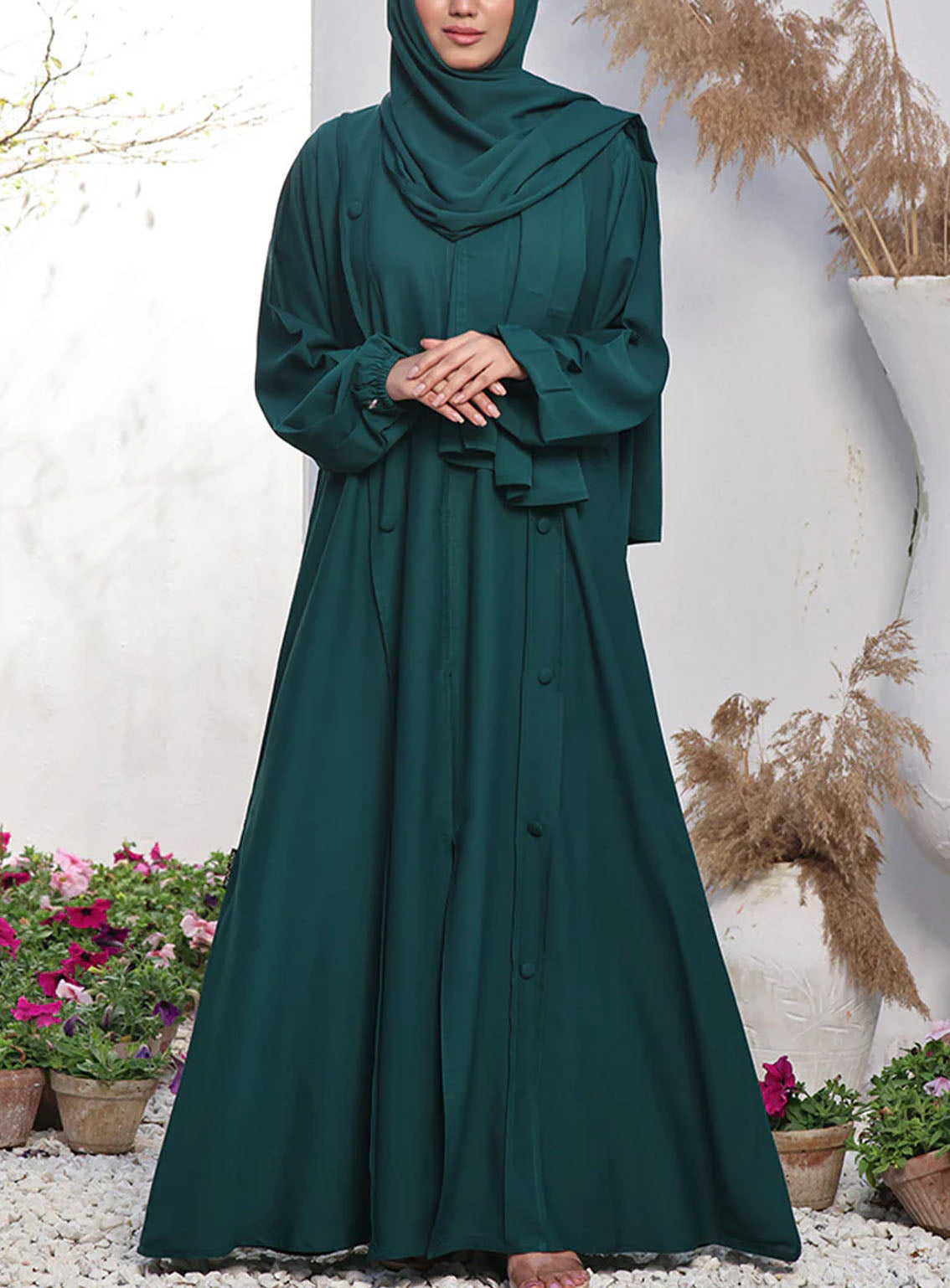 Rania By Hijab Ul Hareem Double Georgette Front Open Style Abaya Emerald - HH24R 0116-R-704 Rania By Hijab Ul Hareem Double Georgette Front Open Style Abaya Emerald - HH24R 0116-R-704