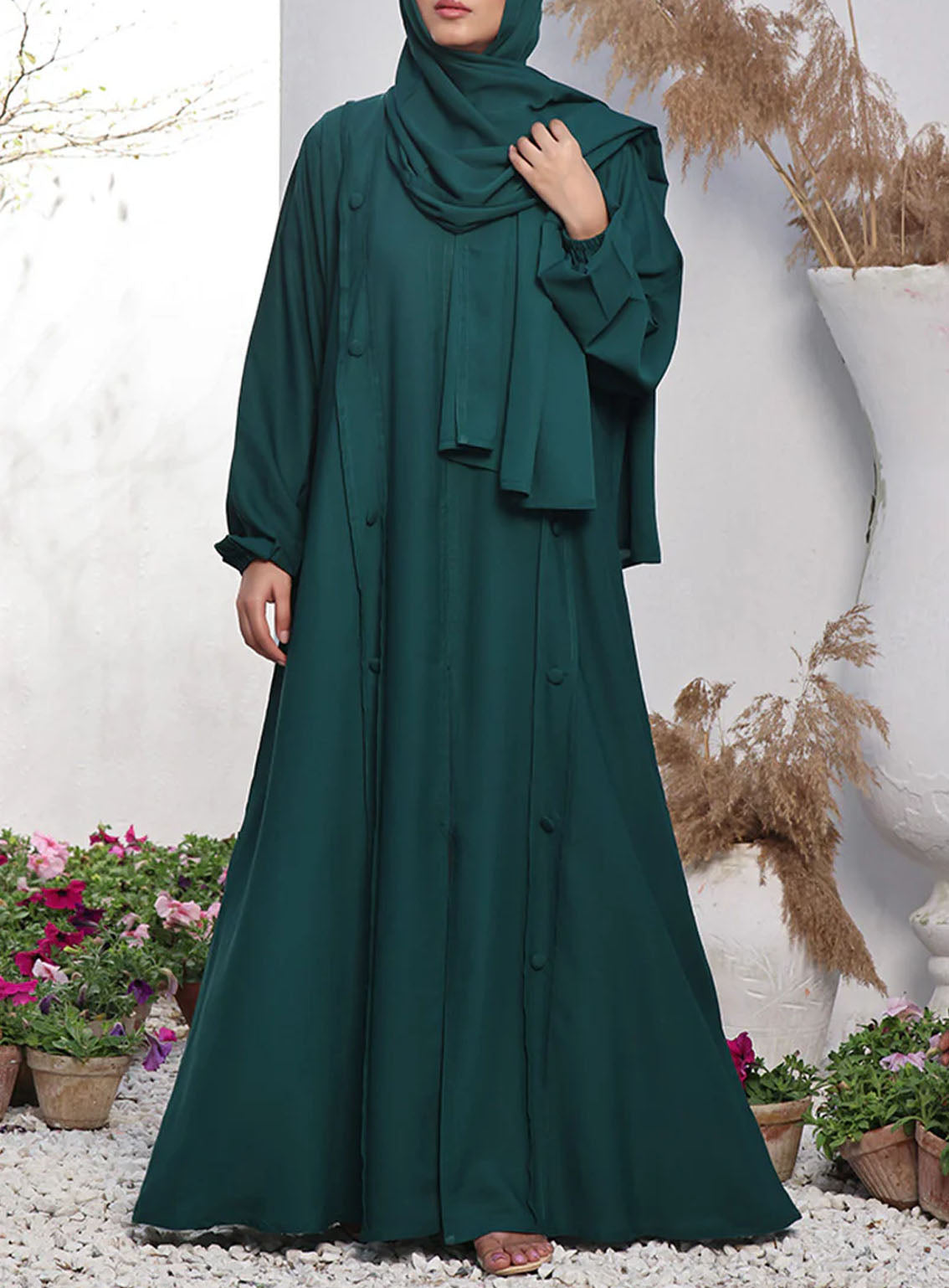 Rania By Hijab Ul Hareem Double Georgette Front Open Style Abaya Emerald - HH24R 0116-R-704 Rania By Hijab Ul Hareem Double Georgette Front Open Style Abaya Emerald - HH24R 0116-R-704