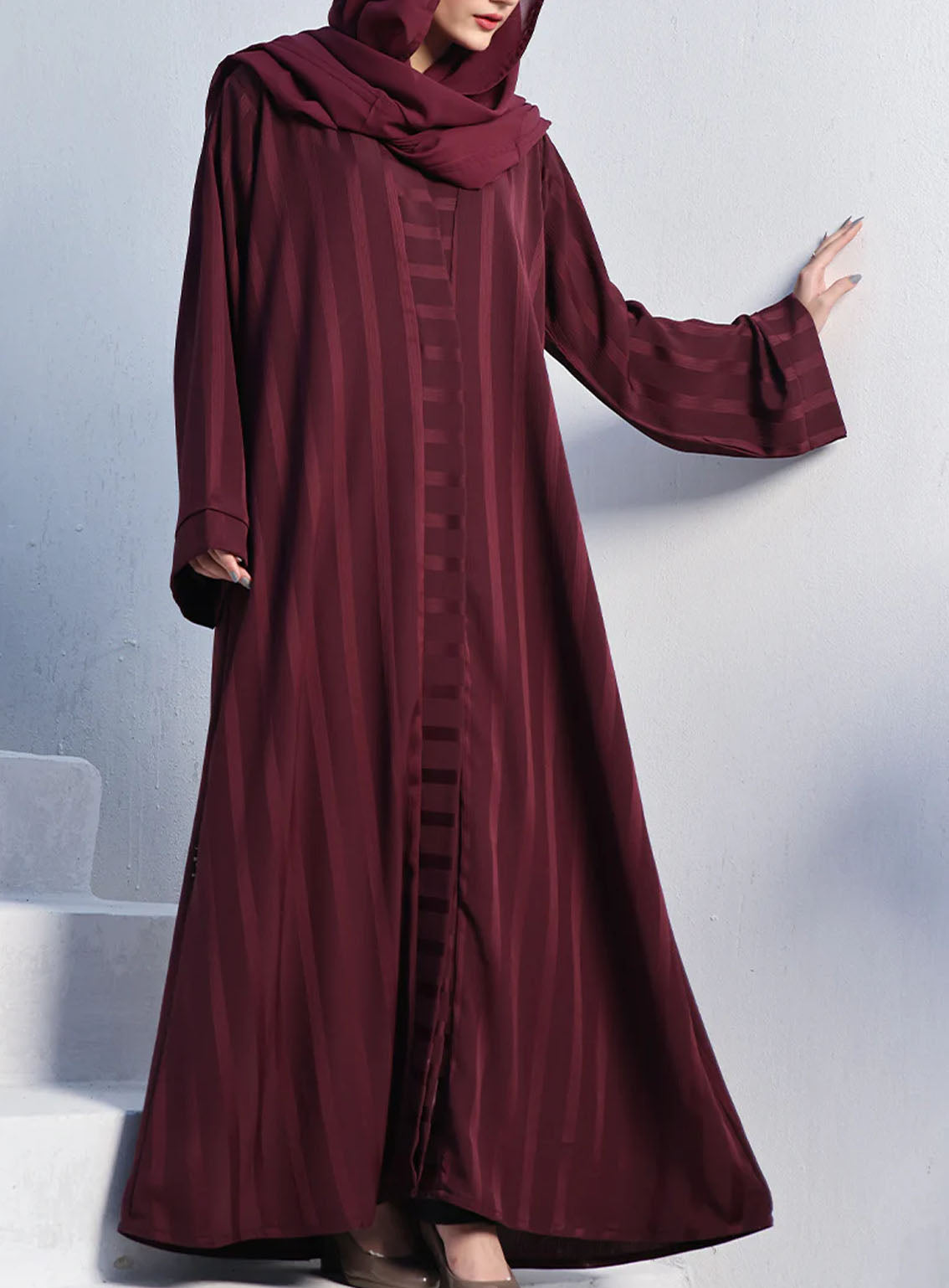 Rania By Hijab Ul Hareem Embossed Zoom Front Open Style Abaya Merlot - HH24R 0116-PR-707 Rania By Hijab Ul Hareem Embossed Zoom Front Open Style Abaya Merlot - HH24R 0116-PR-707