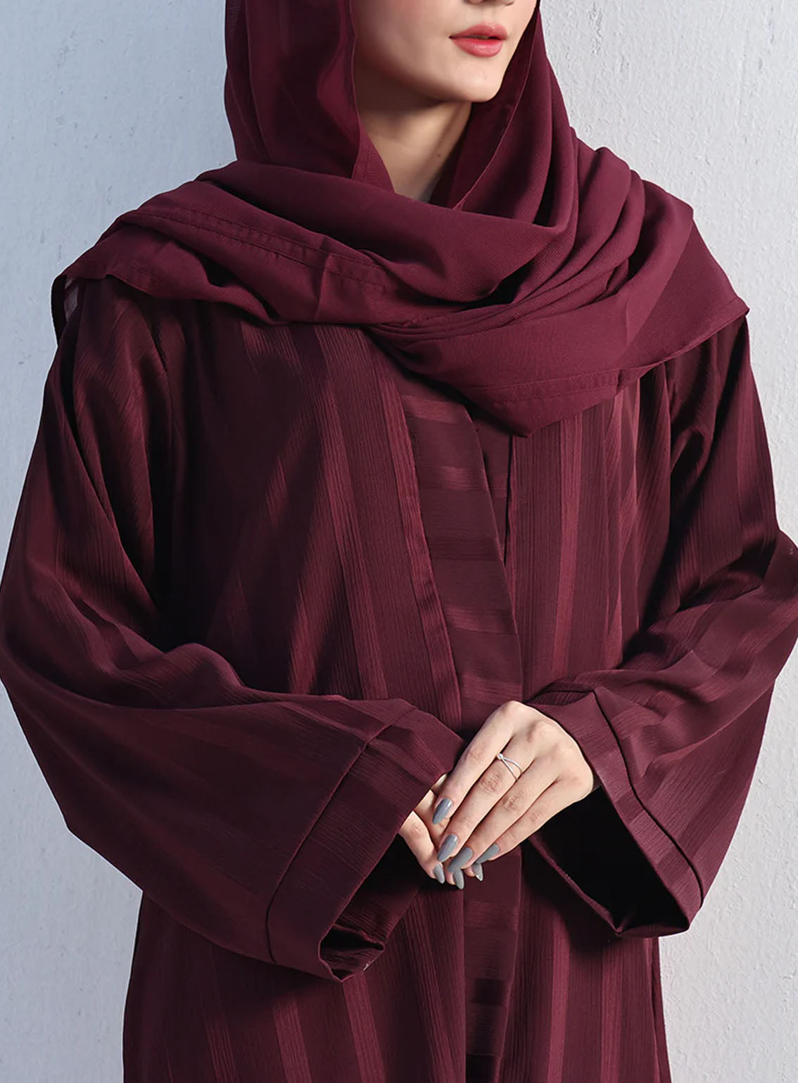 Rania By Hijab Ul Hareem Embossed Zoom Front Open Style Abaya Merlot - HH24R 0116-PR-707 Rania By Hijab Ul Hareem Embossed Zoom Front Open Style Abaya Merlot - HH24R 0116-PR-707