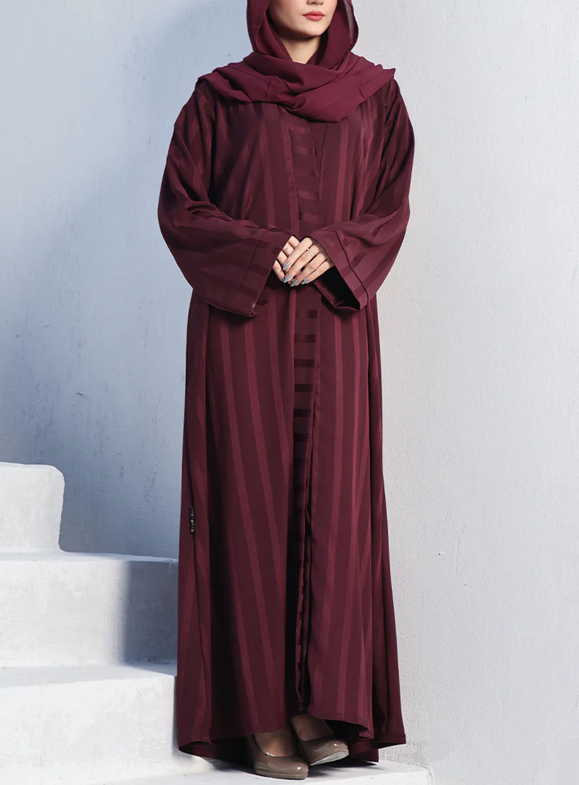 Rania By Hijab Ul Hareem Embossed Zoom Front Open Style Abaya Merlot - HH24R 0116-PR-707 Rania By Hijab Ul Hareem Embossed Zoom Front Open Style Abaya Merlot - HH24R 0116-PR-707