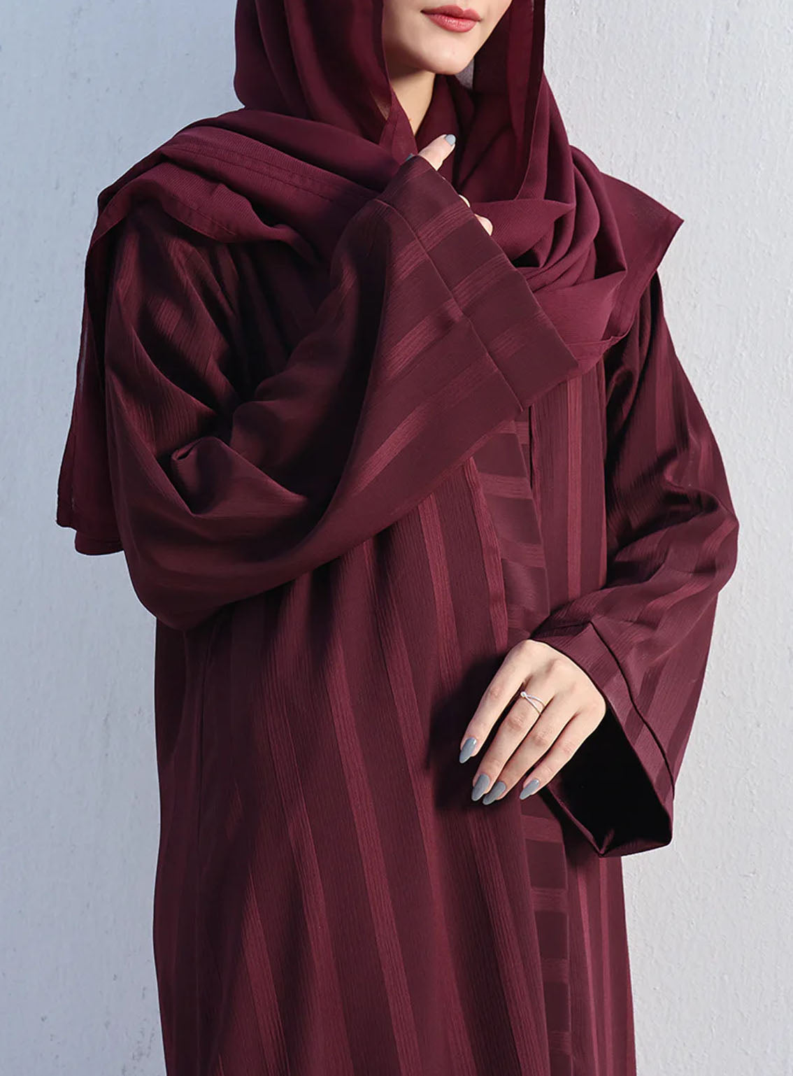 Rania By Hijab Ul Hareem Embossed Zoom Front Open Style Abaya Merlot - HH24R 0116-PR-707 Rania By Hijab Ul Hareem Embossed Zoom Front Open Style Abaya Merlot - HH24R 0116-PR-707
