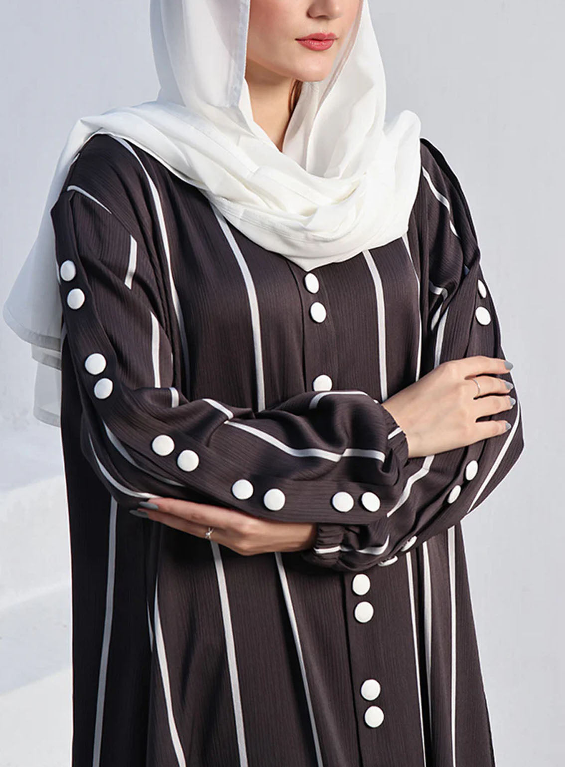 Rania By Hijab Ul Hareem Front Close Style Linning Abaya Graphite - HH24R 0120-P-720 Rania By Hijab Ul Hareem Front Close Style Linning Abaya Graphite - HH24R 0120-P-720