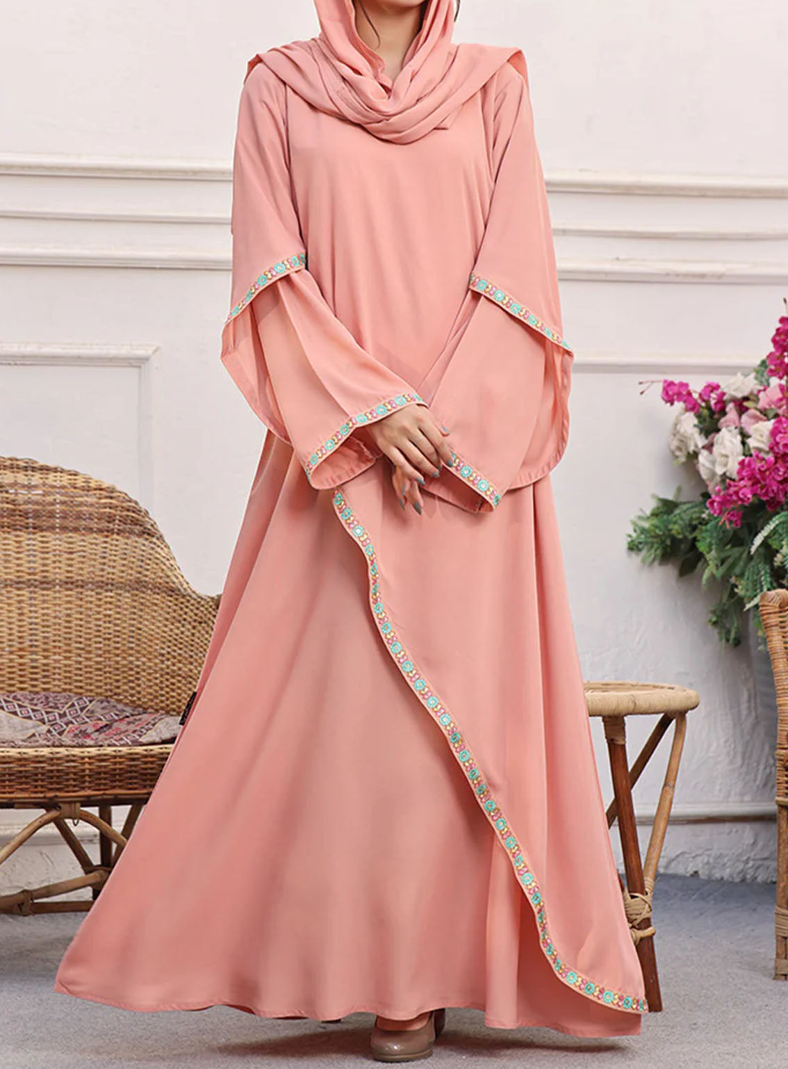 Rania By Hijab Ul Hareem Lace Work Front Close Style Abaya Soft Pink - HH24R 0120-R-718 Rania By Hijab Ul Hareem Lace Work Front Close Style Abaya Soft Pink - HH24R 0120-R-718