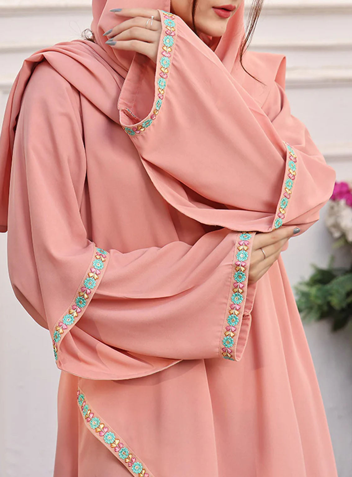 Rania By Hijab Ul Hareem Lace Work Front Close Style Abaya Soft Pink - HH24R 0120-R-718 Rania By Hijab Ul Hareem Lace Work Front Close Style Abaya Soft Pink - HH24R 0120-R-718