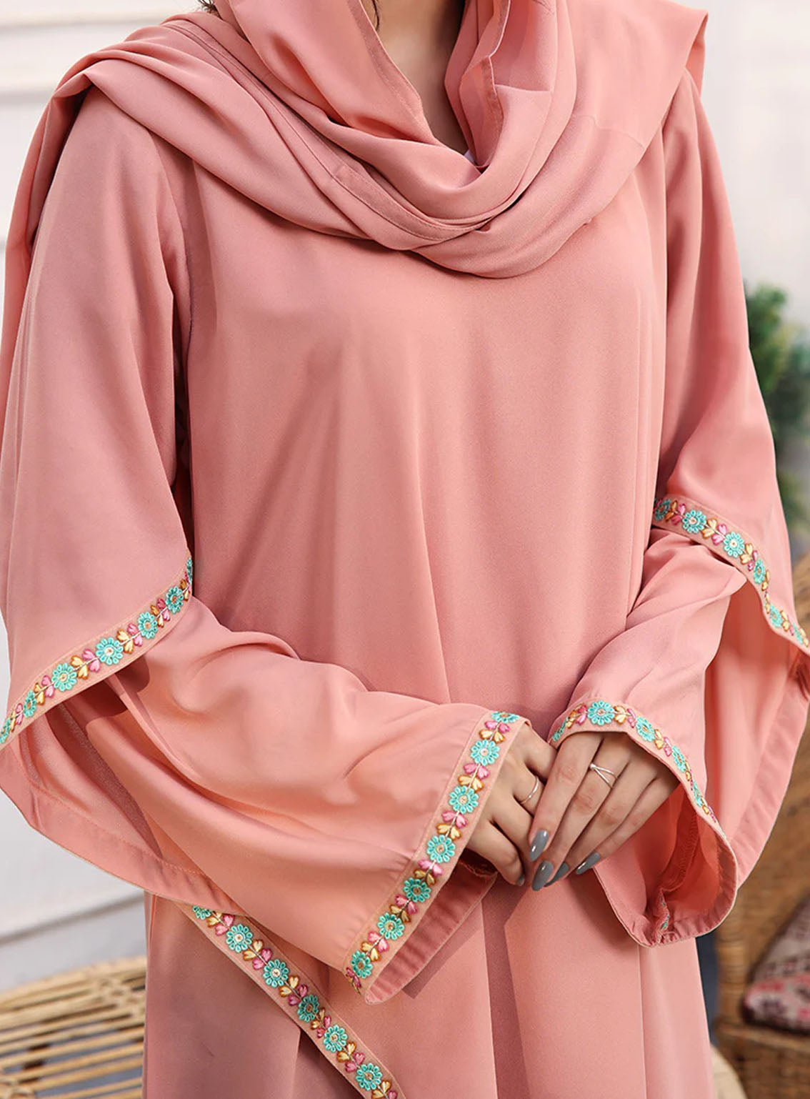 Rania By Hijab Ul Hareem Lace Work Front Close Style Abaya Soft Pink - HH24R 0120-R-718 Rania By Hijab Ul Hareem Lace Work Front Close Style Abaya Soft Pink - HH24R 0120-R-718