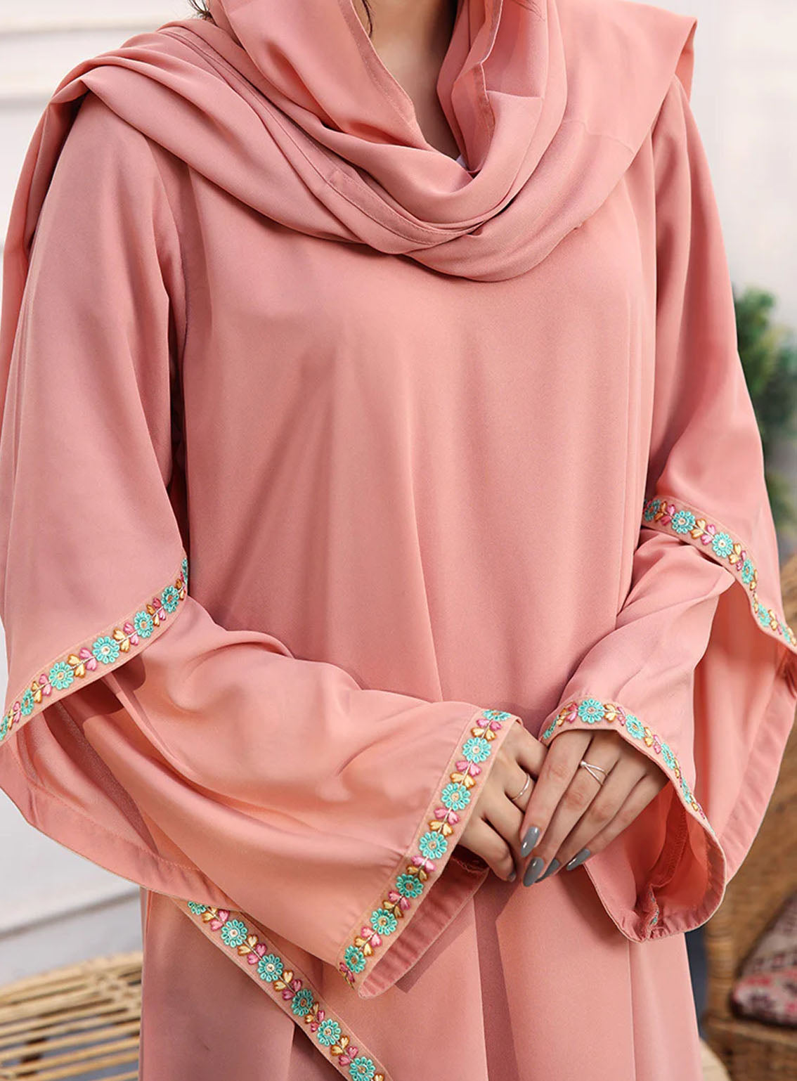 Rania By Hijab Ul Hareem Lace Work Front Close Style Abaya Soft Pink - HH24R 0120-R-718 Rania By Hijab Ul Hareem Lace Work Front Close Style Abaya Soft Pink - HH24R 0120-R-718