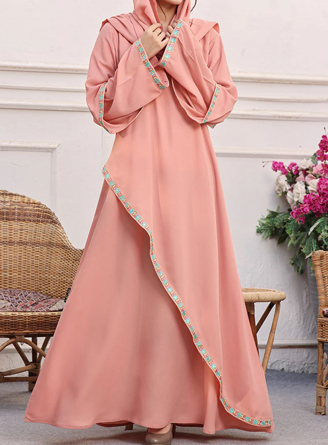 Rania By Hijab Ul Hareem Lace Work Front Close Style Abaya Soft Pink - HH24R 0120-R-718 Rania By Hijab Ul Hareem Lace Work Front Close Style Abaya Soft Pink - HH24R 0120-R-718