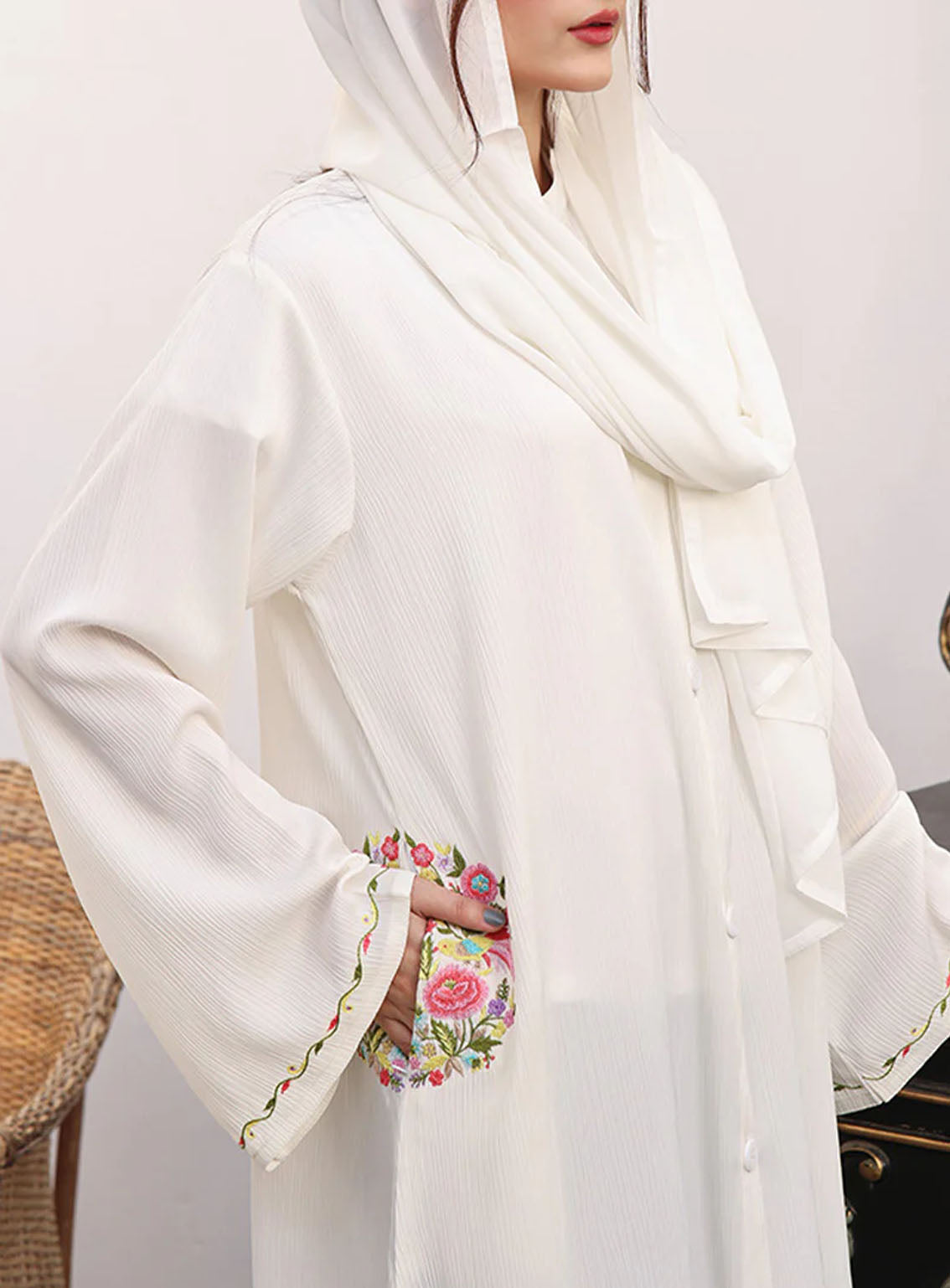 Rania By Hijab Ul Hareem Nida Hand Work Abaya Pearl - HH24R 0118-J-778 Rania By Hijab Ul Hareem Nida Hand Work Abaya Pearl - HH24R 0118-J-778
