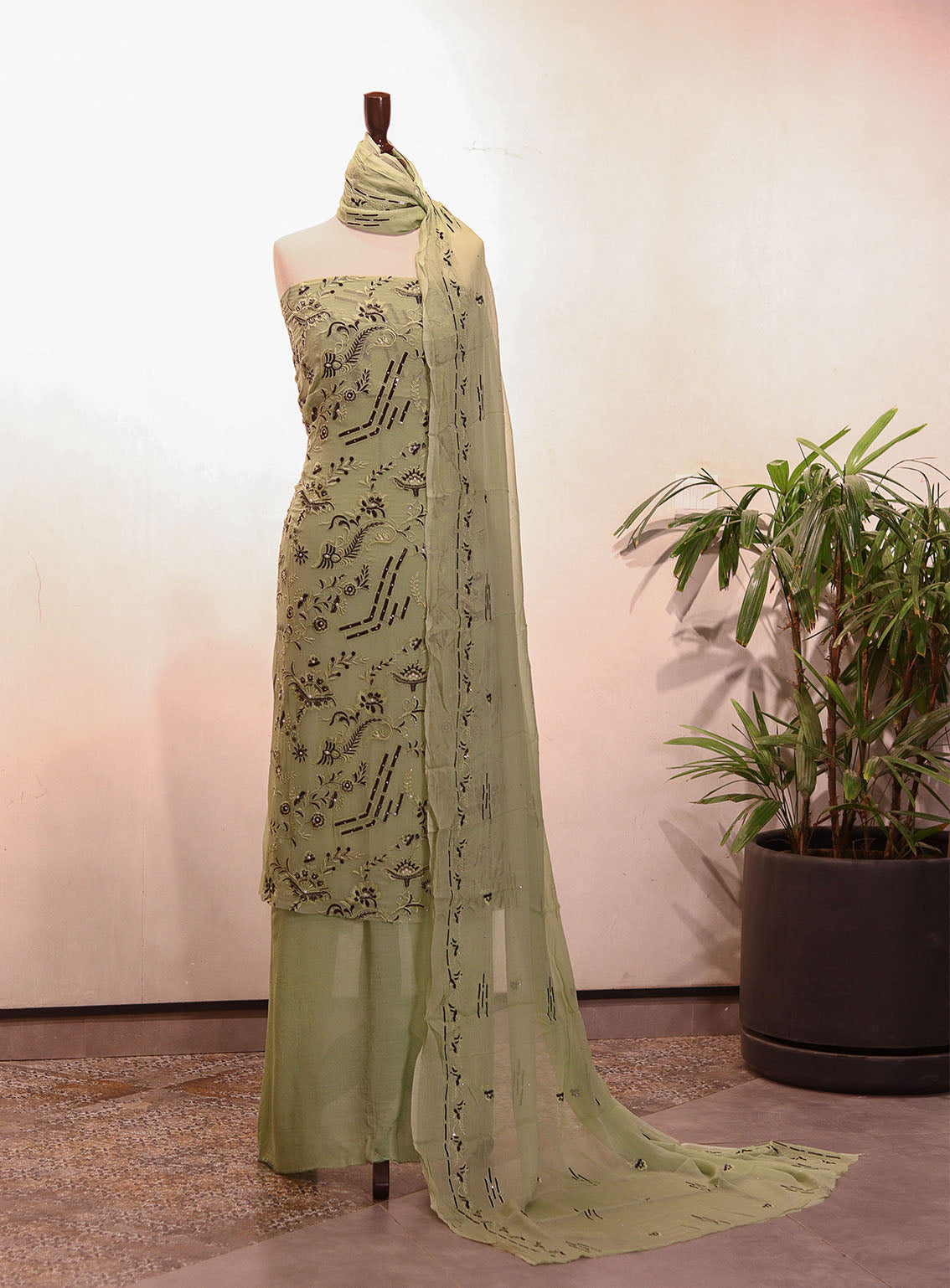 Royal Fashion Embroidered Chiffon Suits Unstitched 2 Piece - RF25EE 72 DARK PISTA Royal Fashion Embroidered Chiffon Suits Unstitched 2 Piece - RF25EE 72 DARK PISTA