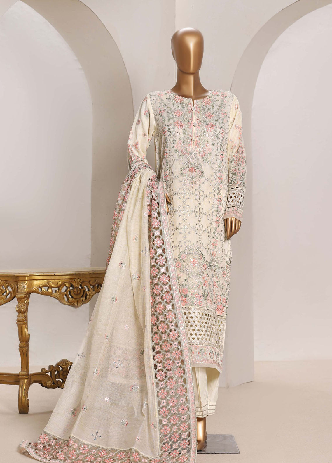 Sheer By HZ Textile Embrodered Lorex Khaadi Net 3 Piece Stitched Suit HZ26PD1 D-234-OWT Sheer By HZ Textile Embrodered Lorex Khaadi Net 3 Piece Stitched Suit HZ26PD1 D-234-OWT