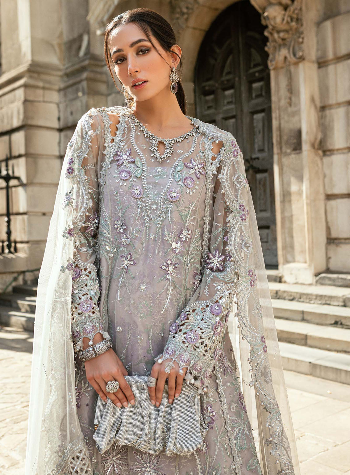 Soiree By Maria B Embroidered Organza Net Suits Unstitched 3 Piece - MB25SF WF-09-07-Grey Soiree By Maria B Embroidered Organza Net Suits Unstitched 3 Piece - MB25SF WF-09-07-Grey