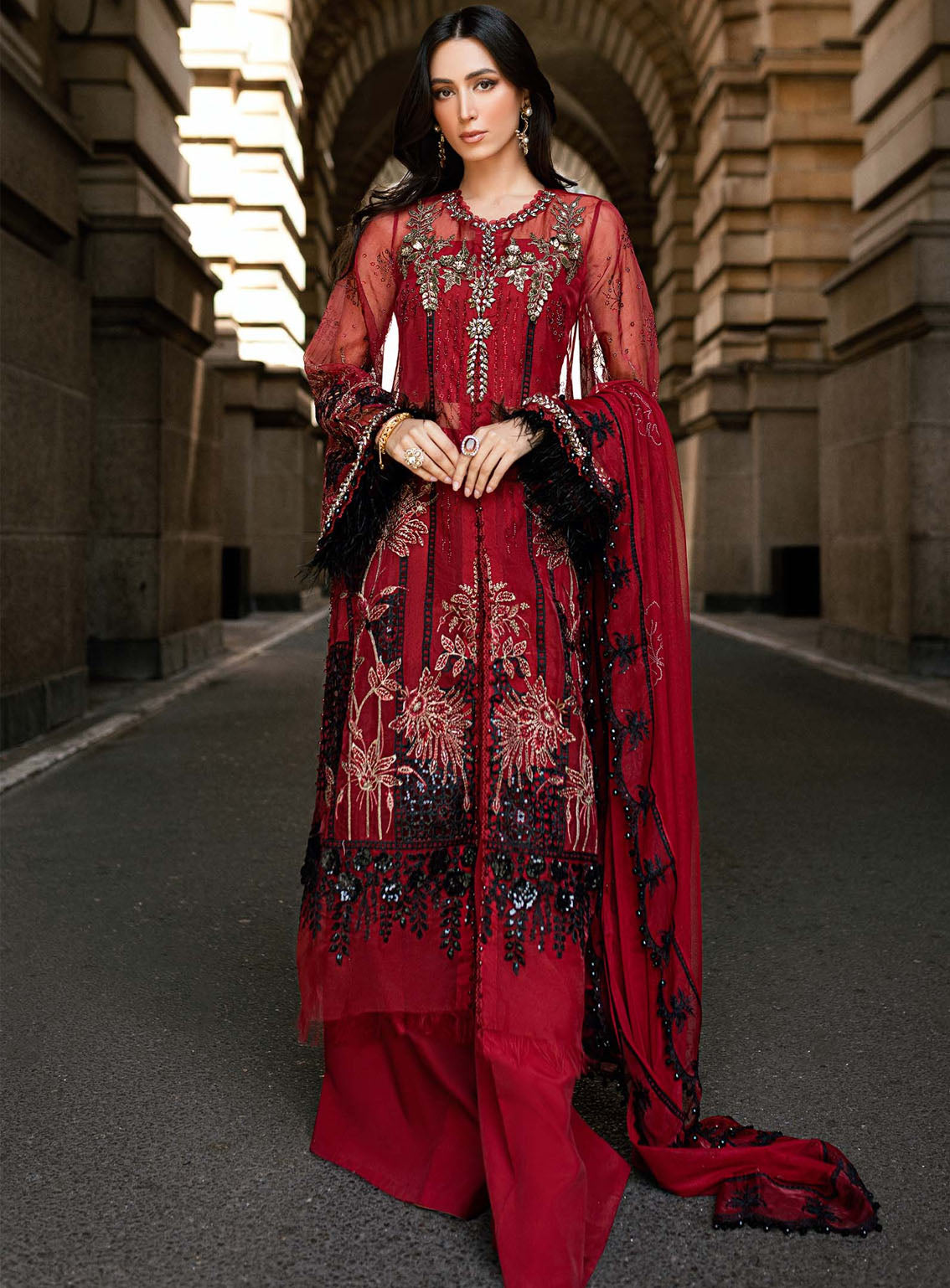 Soiree By Maria B Embroidered Organza Suits Unstitched 3 Piece - MB25SF WF-09-06-Red Soiree By Maria B Embroidered Organza Suits Unstitched 3 Piece - MB25SF WF-09-06-Red