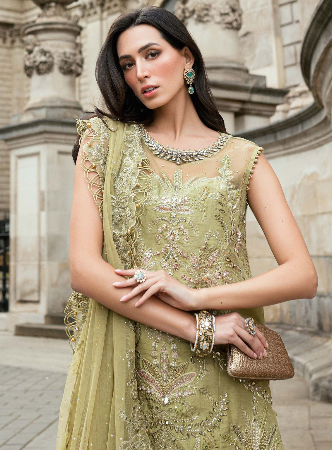 Soiree By Maria B Embroidered Organza Suits Unstitched 3 Piece - MB25SF WF-09-08-Olive Green Soiree By Maria B Embroidered Organza Suits Unstitched 3 Piece - MB25SF WF-09-08-Olive Green