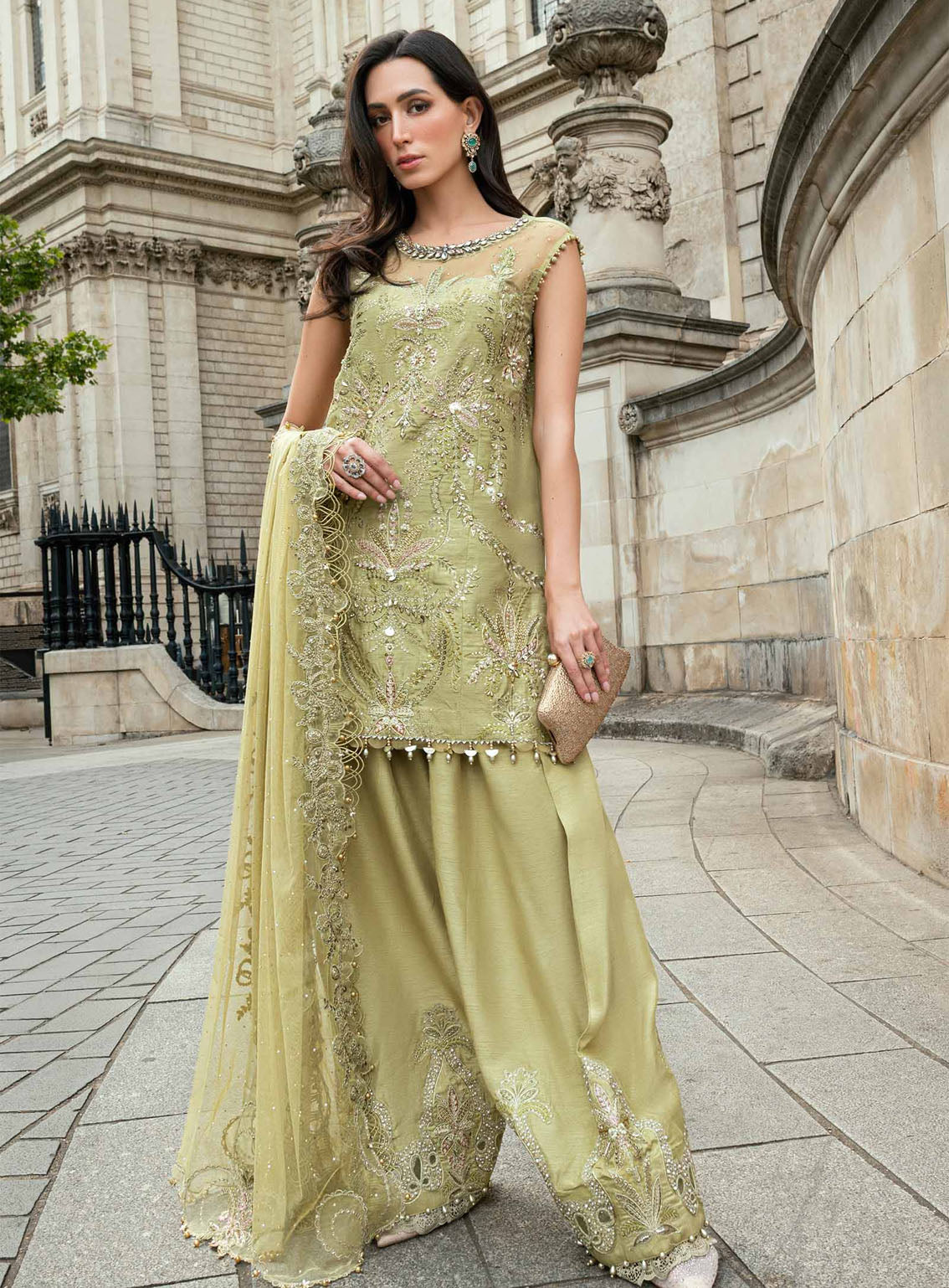 Soiree By Maria B Embroidered Organza Suits Unstitched 3 Piece - MB25SF WF-09-08-Olive Green Soiree By Maria B Embroidered Organza Suits Unstitched 3 Piece - MB25SF WF-09-08-Olive Green