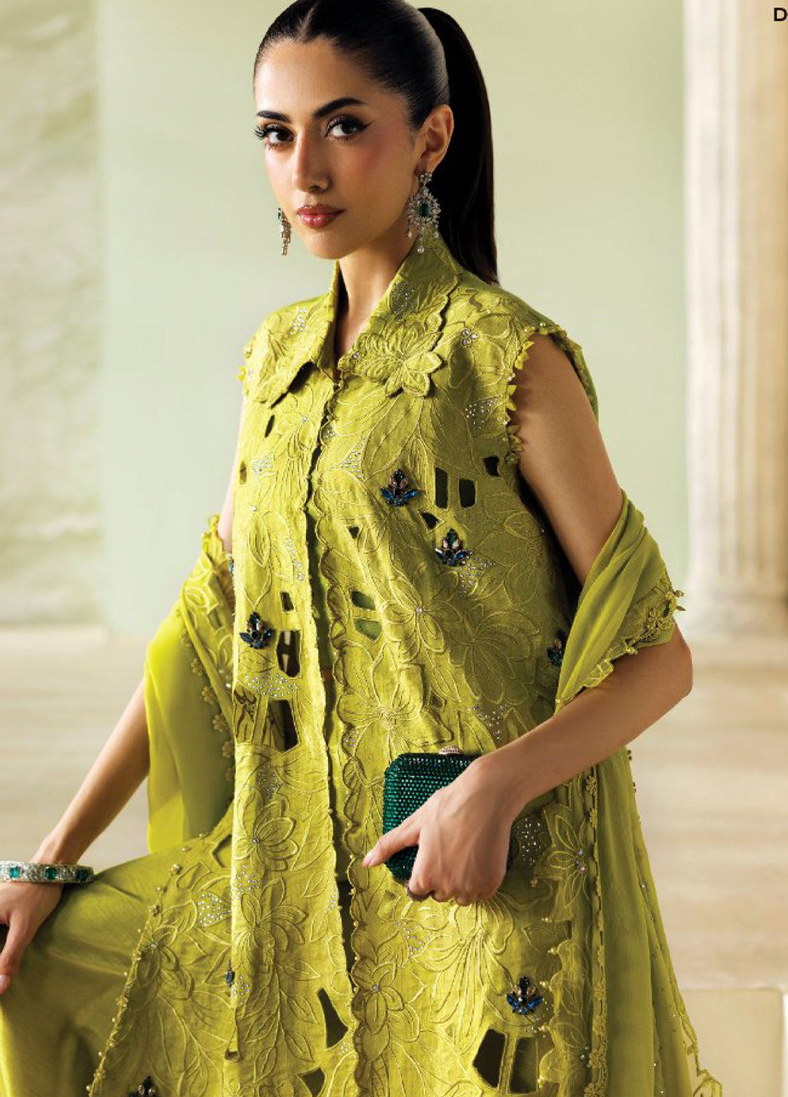 Soiree By Maria B Formals Embroidered Raw Silk 3 Piece Unstitched Suit MB26SF D-SR-03 Lime Green - Detail Soiree By Maria B Formals Embroidered Raw Silk 3 Piece Unstitched Suit MB26SF D-SR-03 Lime Green - Detail